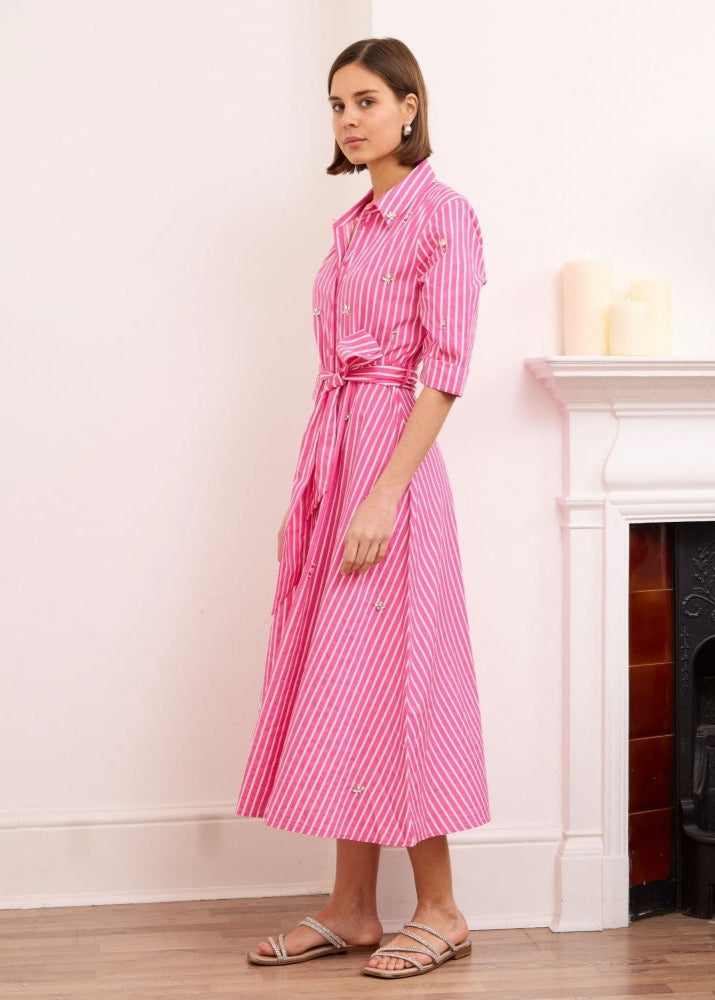 Roya fuschia pink pinstripe embellished midi length shirt dress