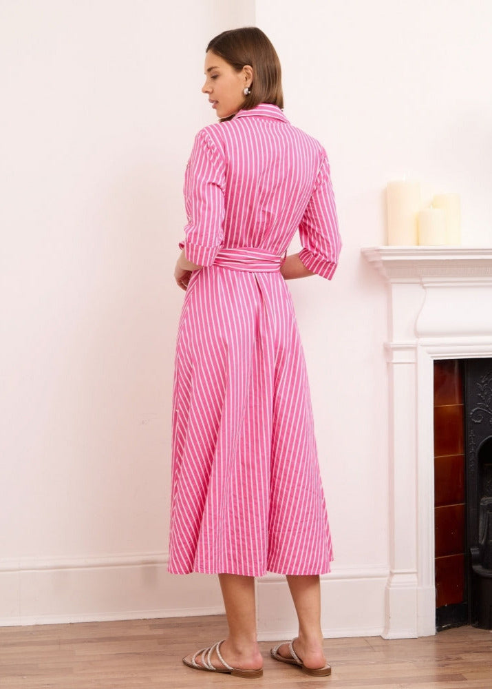 Roya fuschia pink pinstripe embellished midi length shirt dress