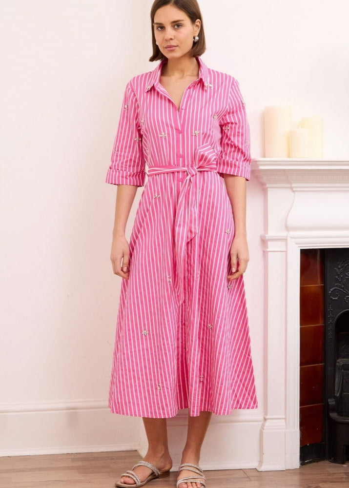 Roya fuschia pink pinstripe embellished midi length shirt dress