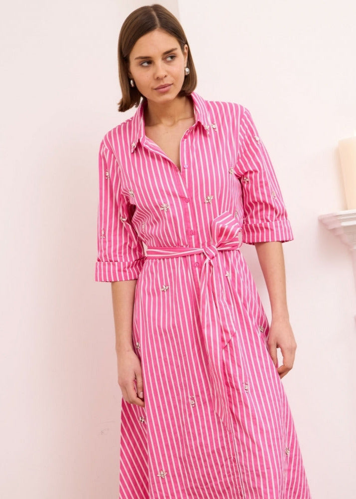 Roya fuschia pink pinstripe embellished midi length shirt dress