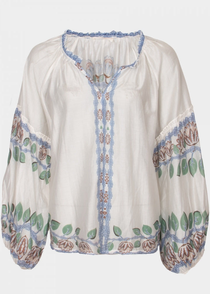 Summer blue ivy printed ballon sleeve v neck blouse
