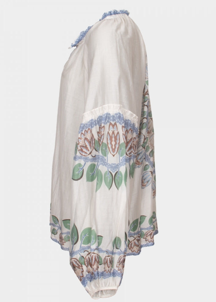 Summer blue ivy printed ballon sleeve v neck blouse