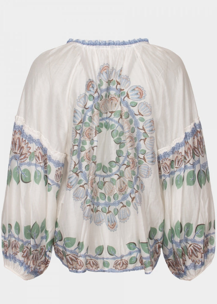 Summer blue ivy printed ballon sleeve v neck blouse