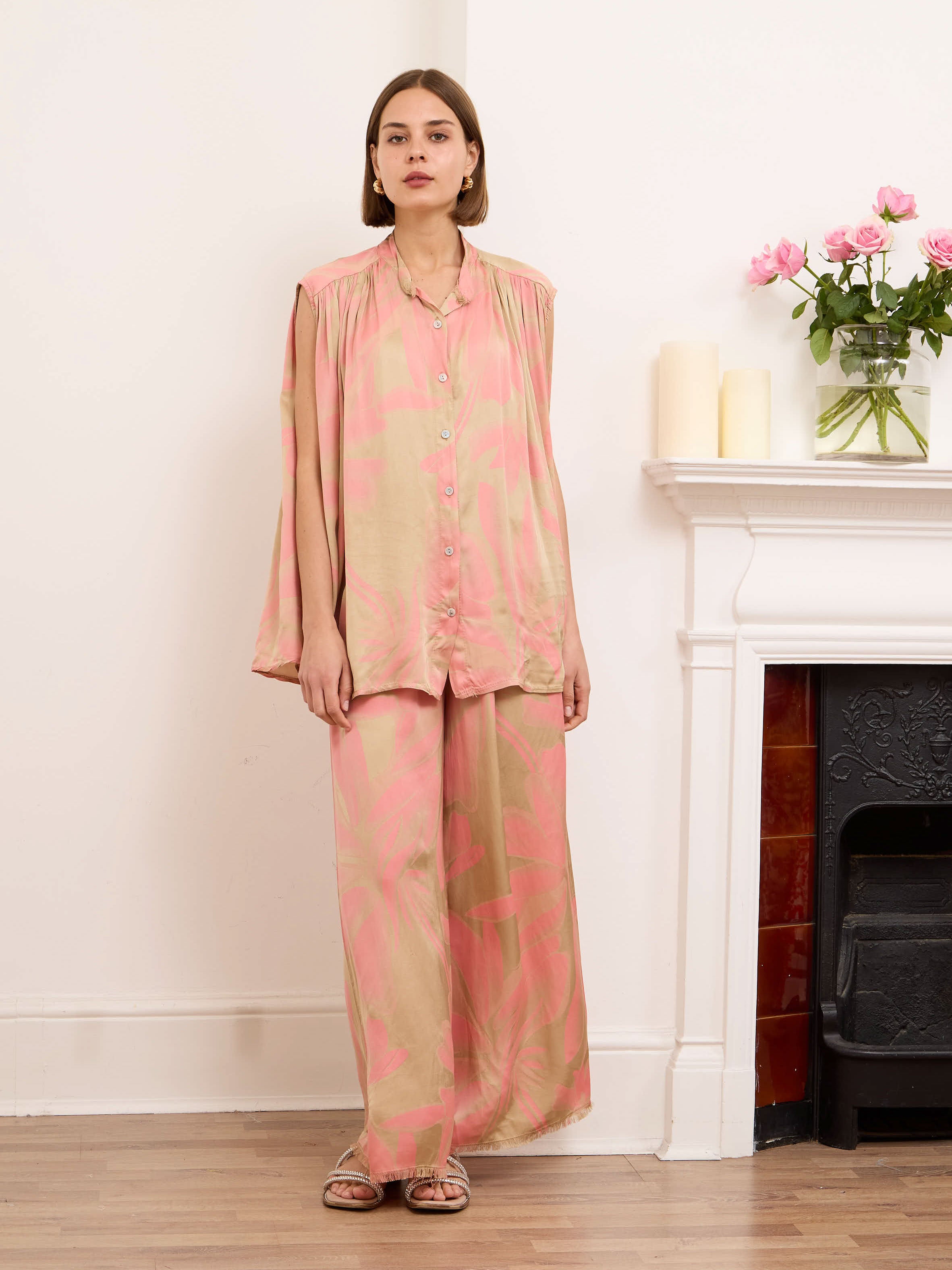 Gigi pink stone silk blend palm print relaxed fit blouse
