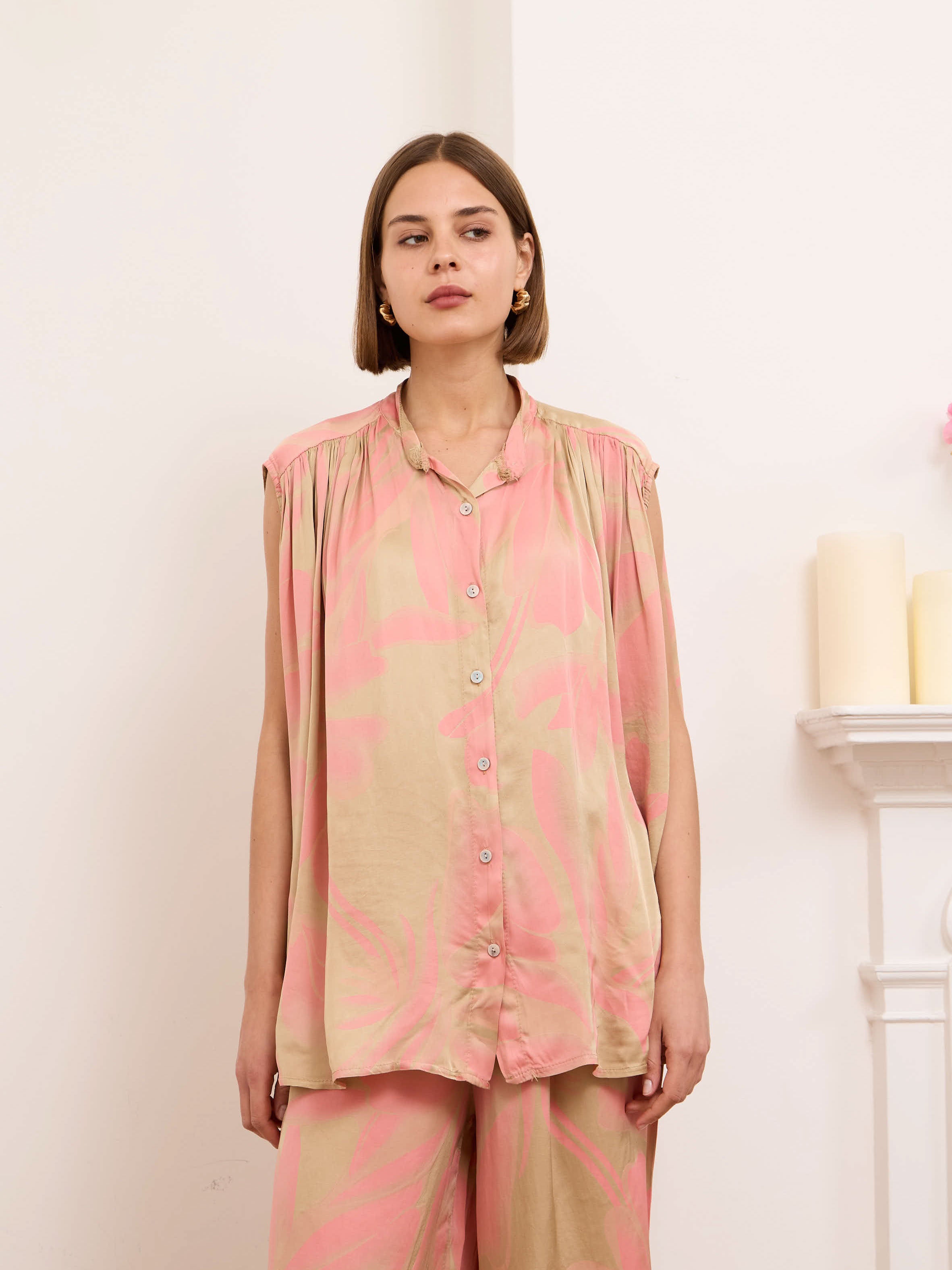 Gigi pink stone silk blend palm print relaxed fit blouse