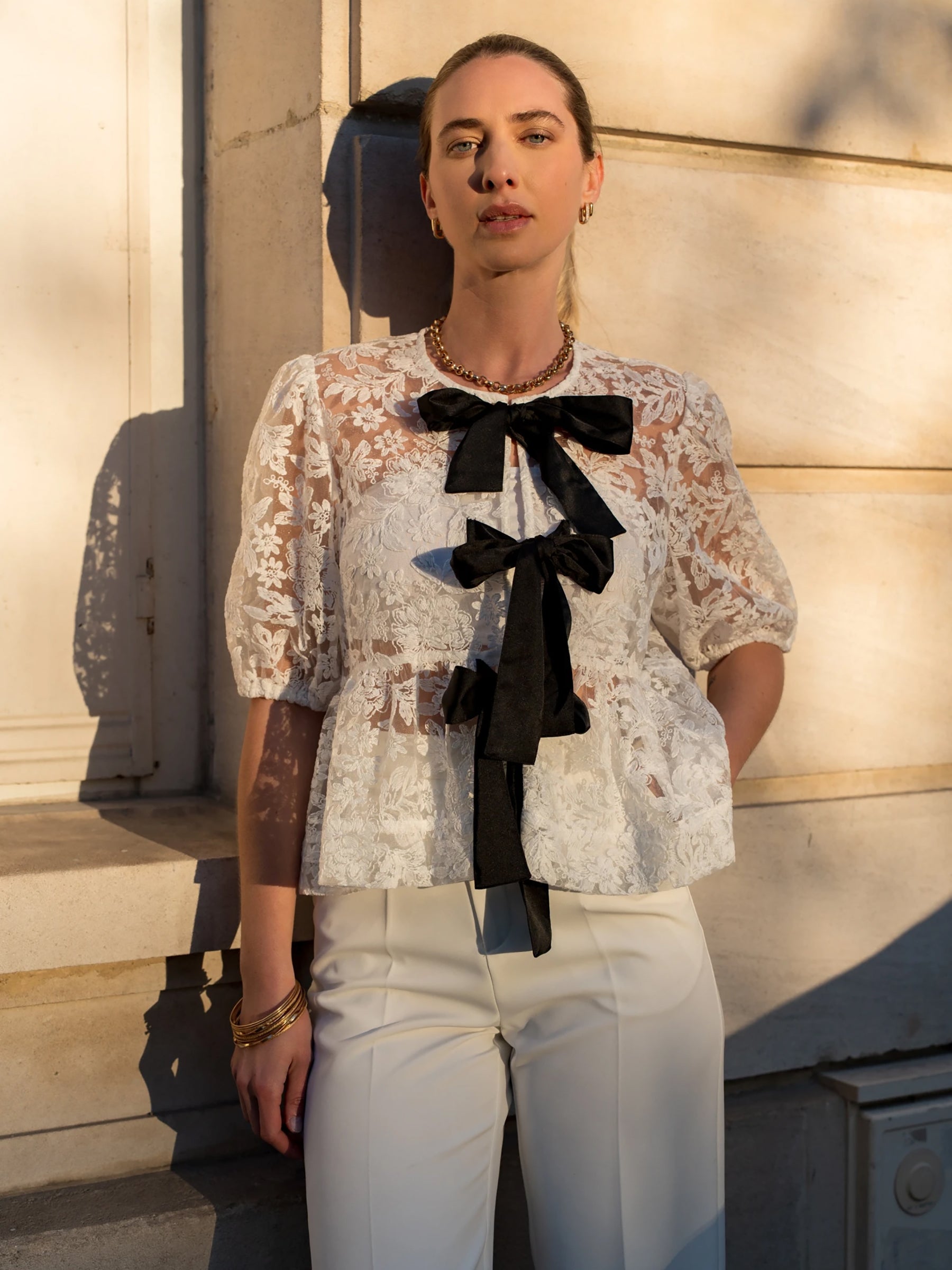 Mari white lace tie front peplum hem top