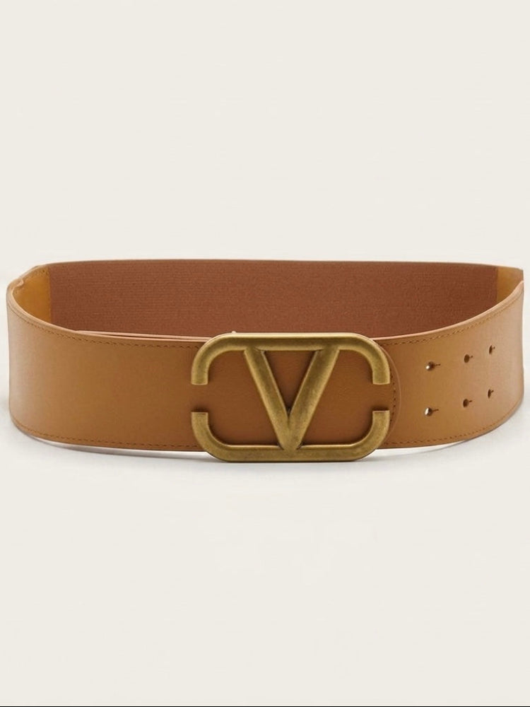 V buckle tan part leather part elastic belt