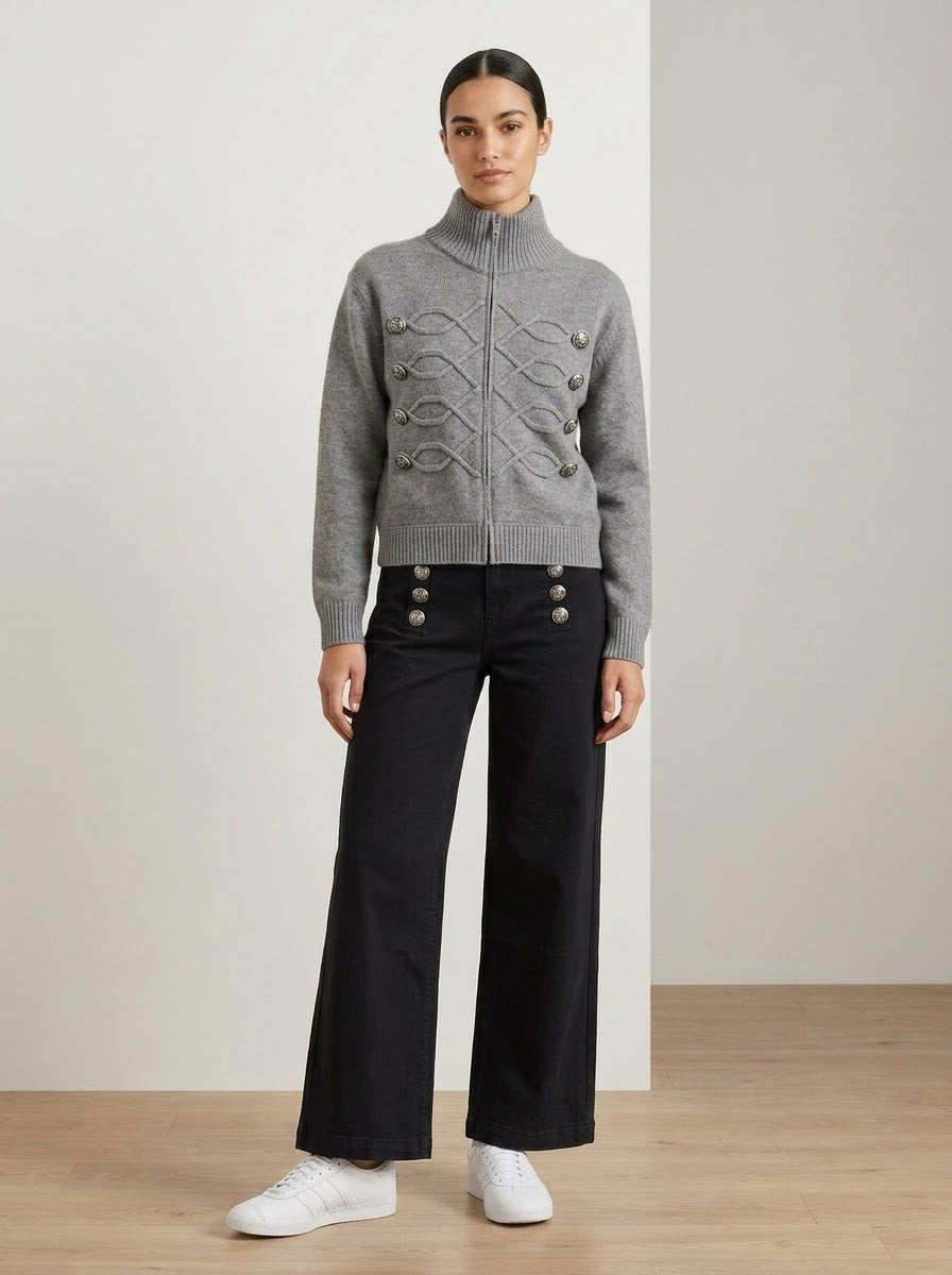 Model wearing Simone regiment knitted jacket in grey, full-length front view