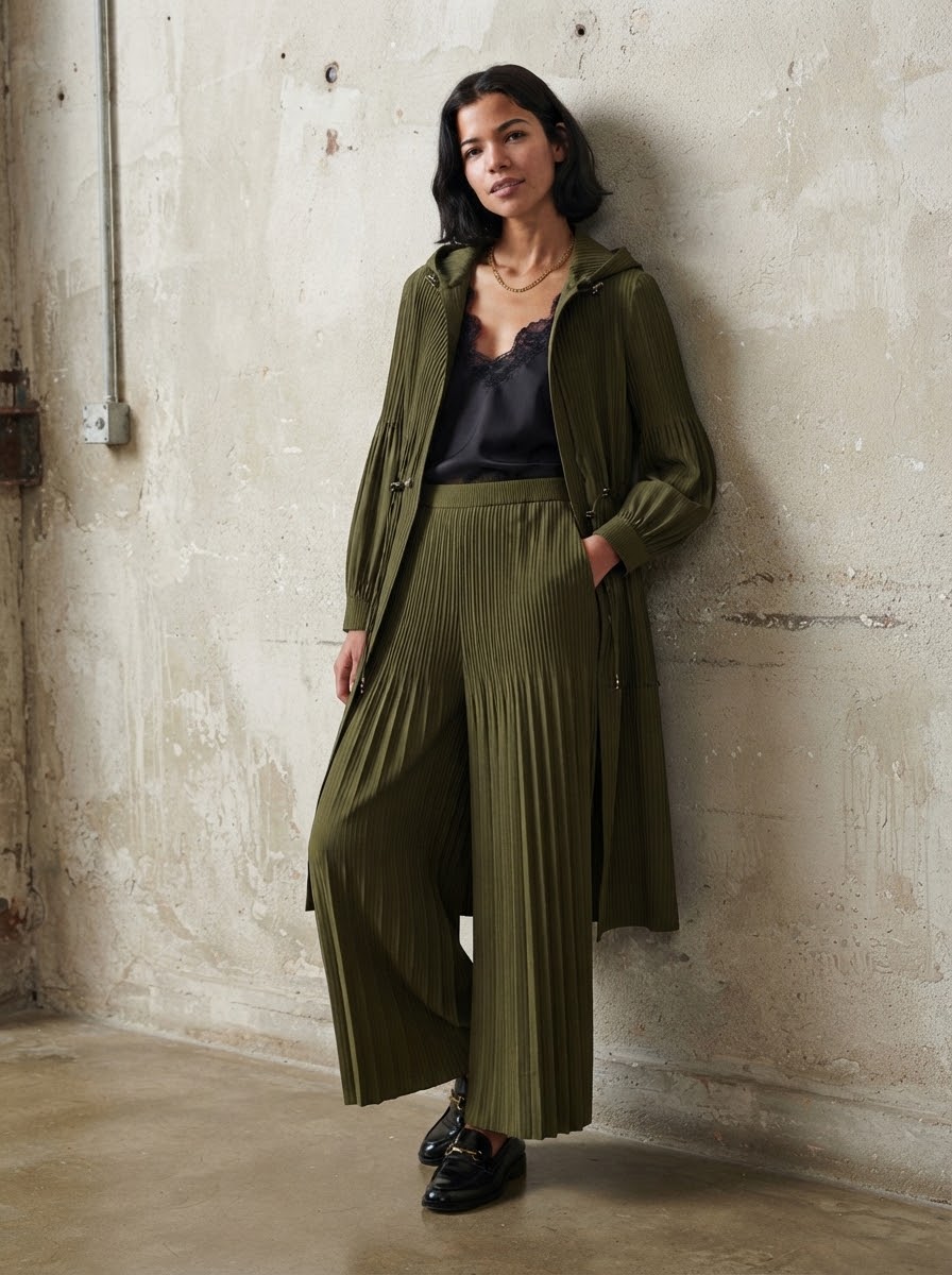 Judi pleat coat with Jolene wide leg trousers in khaki