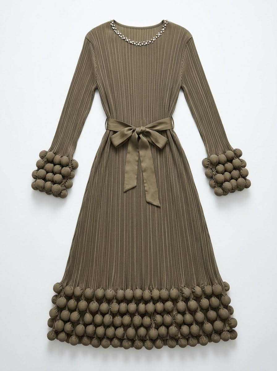 Marisa Beaded bubble hem dress in khaki