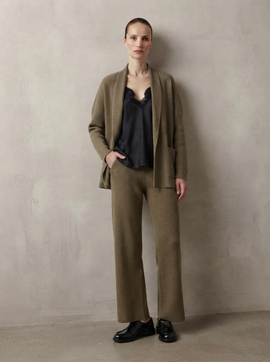 Margaret pleat jacket and wide leg trousers in taupe