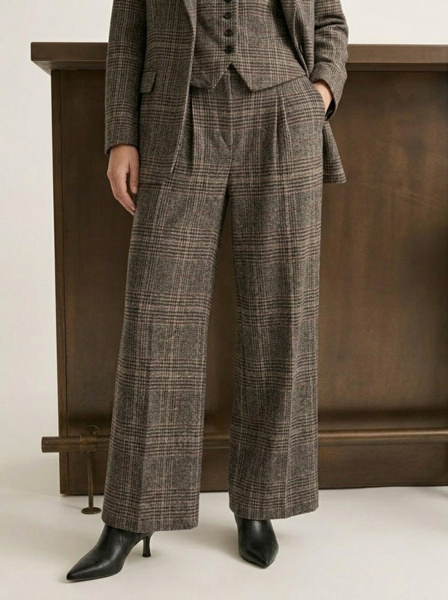 Front view of Eva grey checked wide-leg trousers