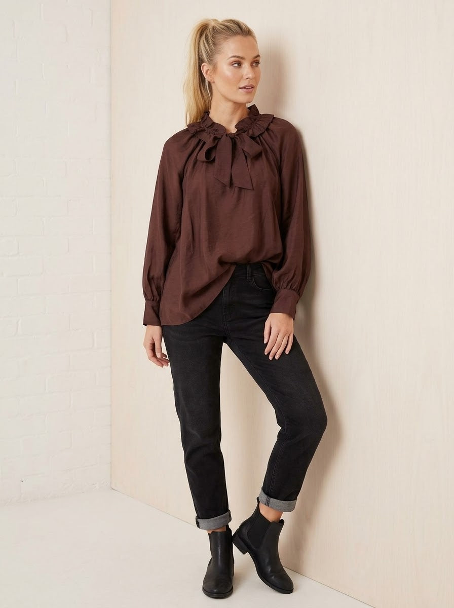 Ariel chocolate self-tie blouse with long gathered sleeves