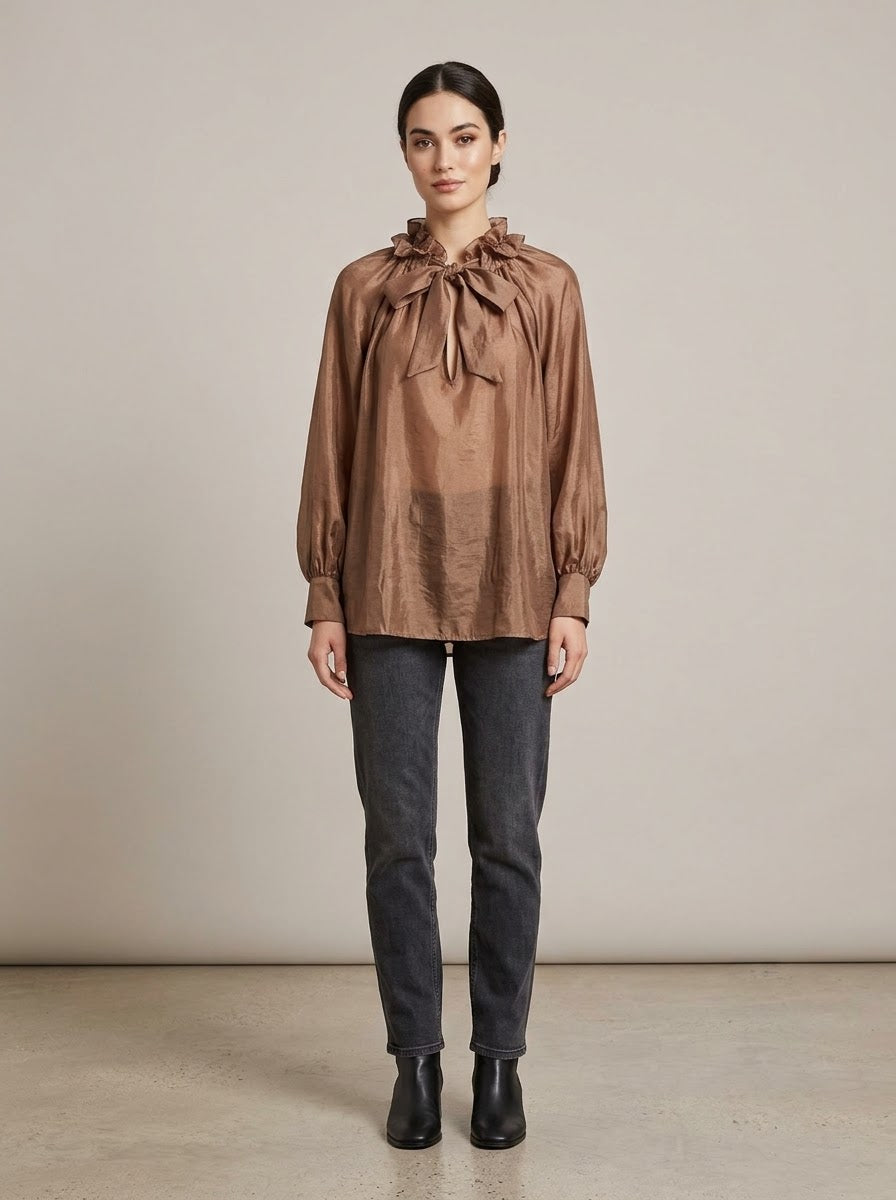 Front view of Ariel bronze frill-neck blouse