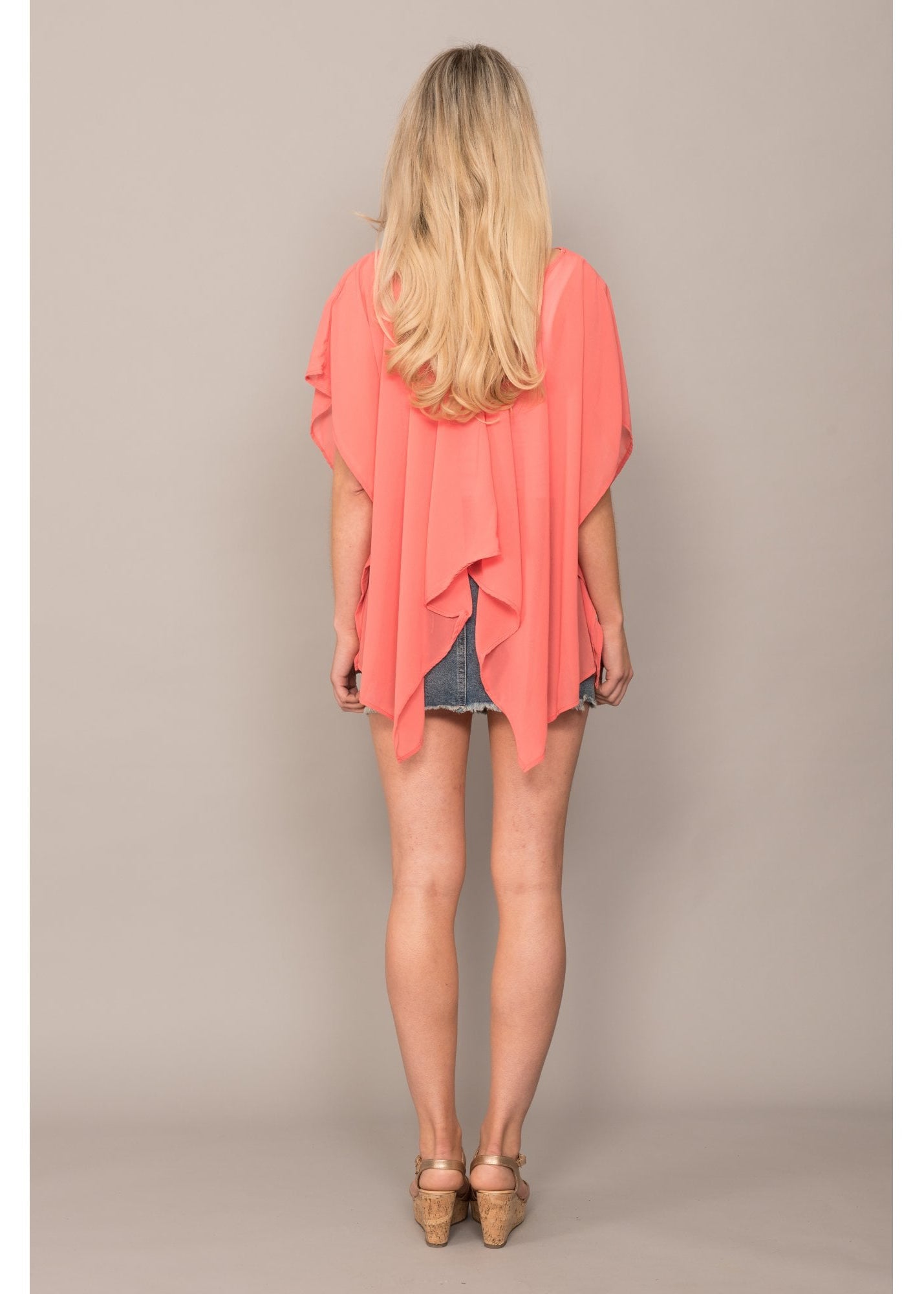 Rina coral chiffon waterfall back top
