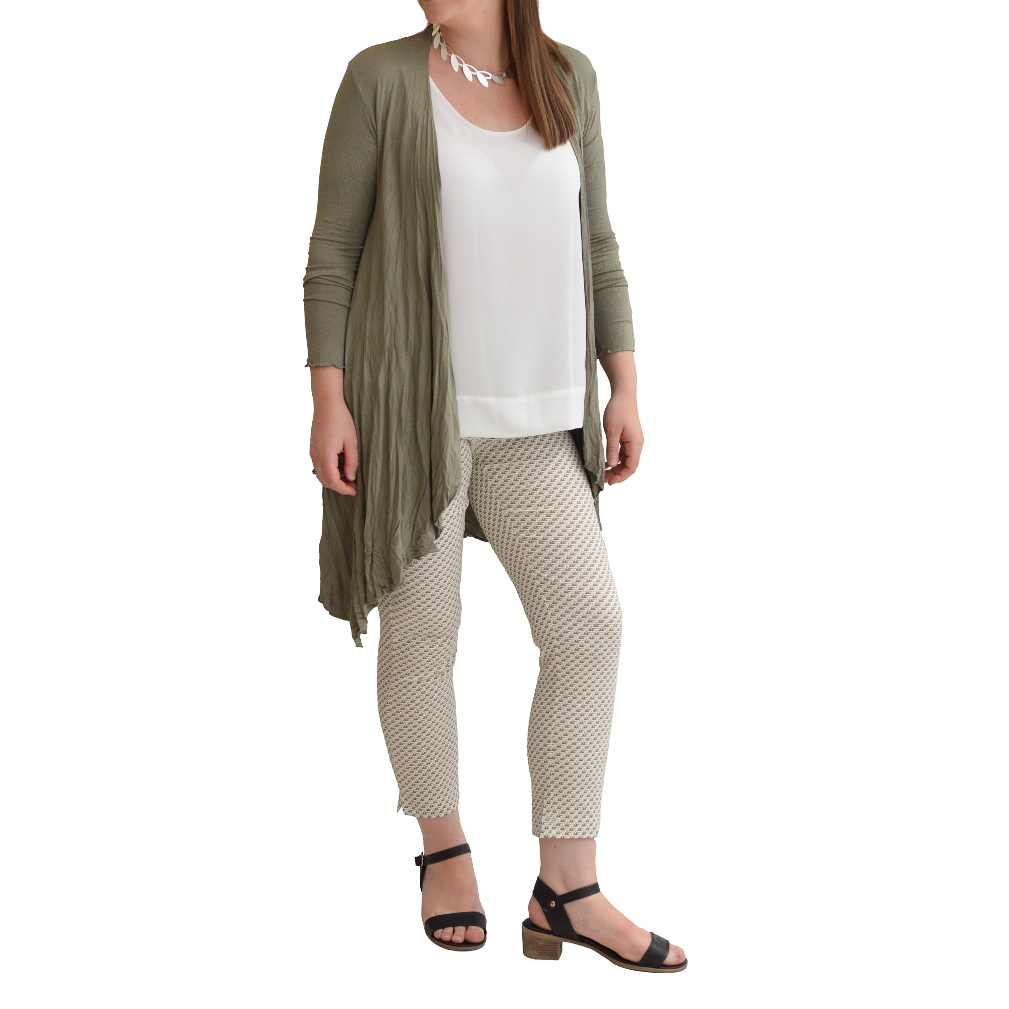 Fifi khaki printed stretch capri trouser