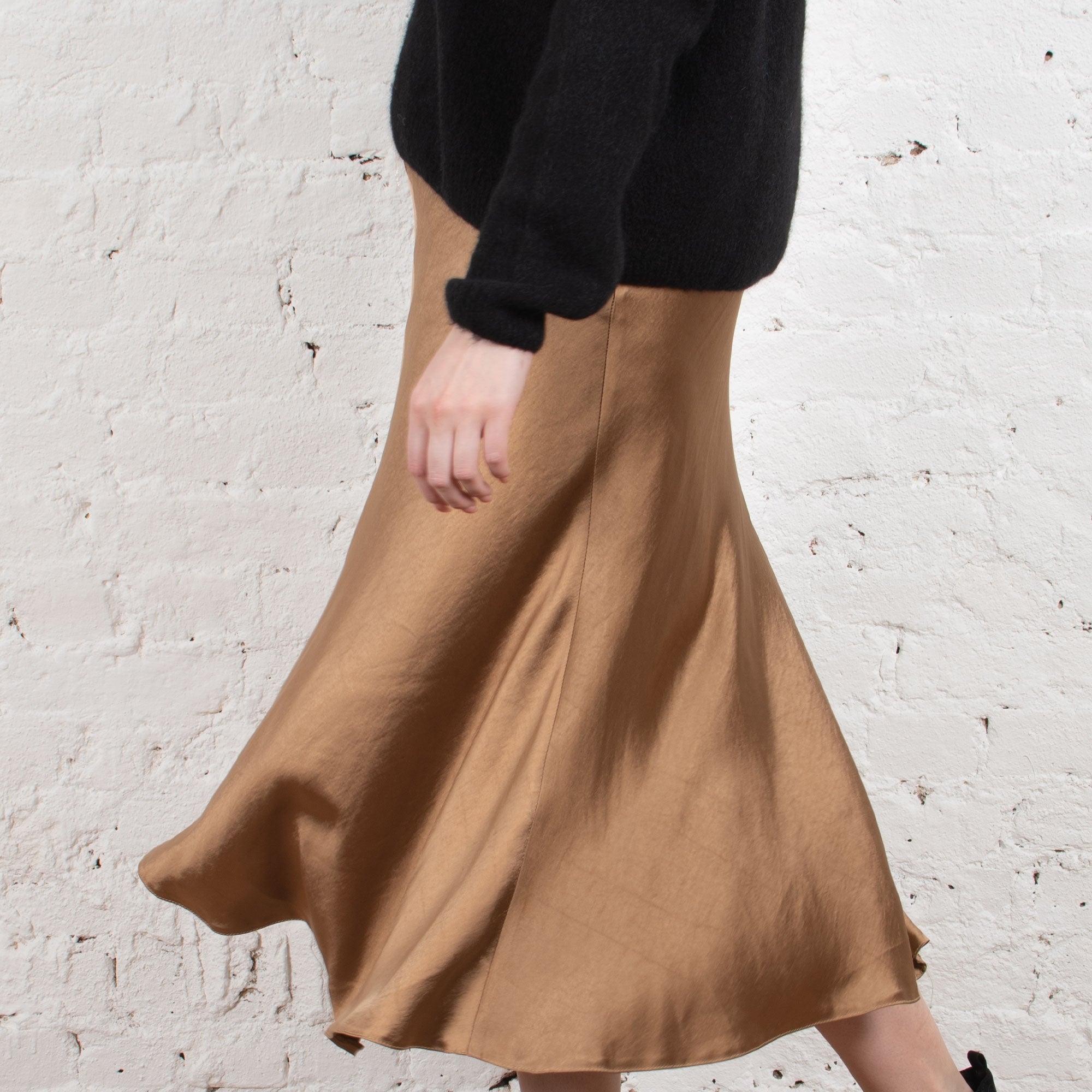 Jacinthe bronze bias cut midi length satin skirt