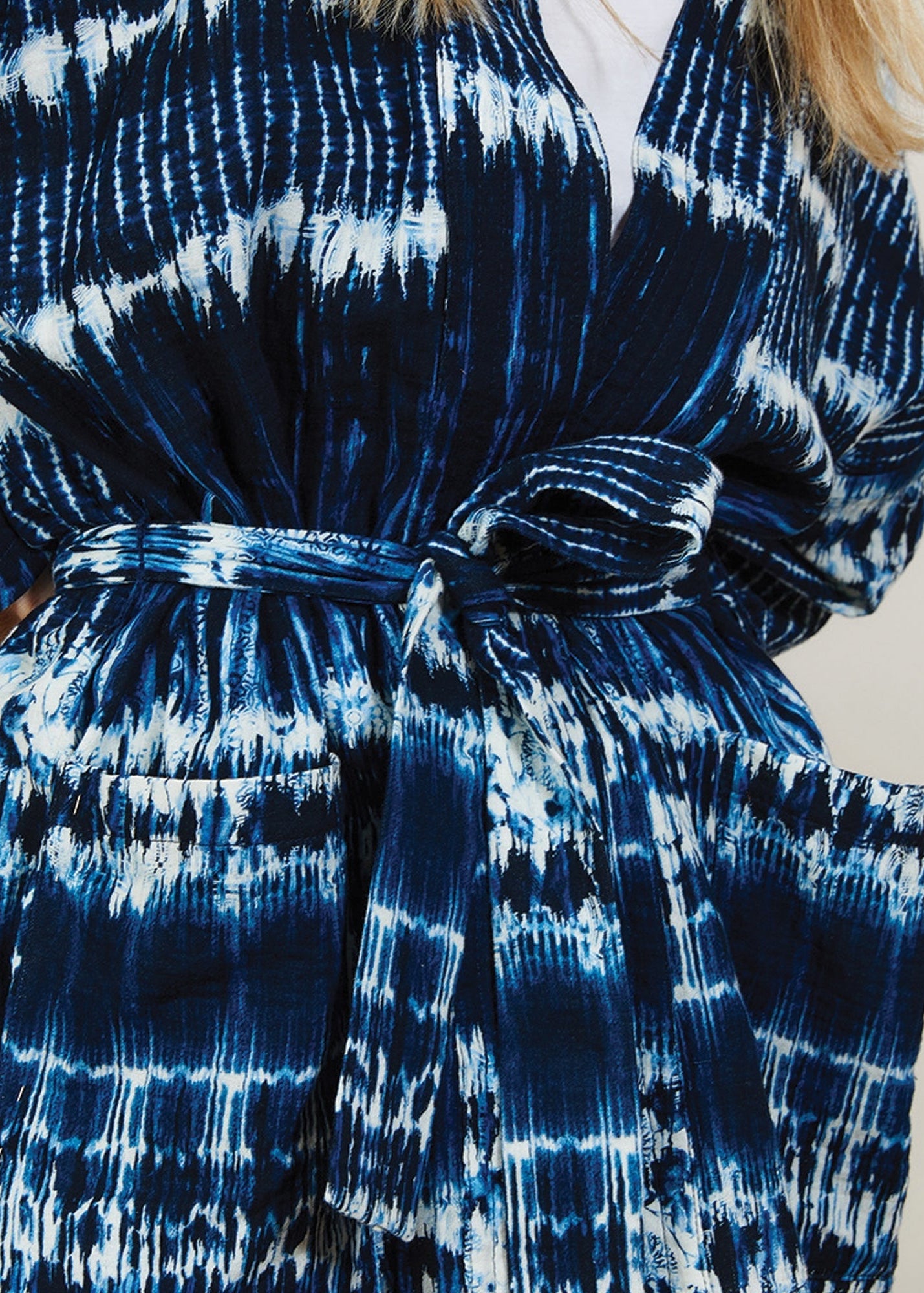 Land tie dye belted French jersey blue kimono
