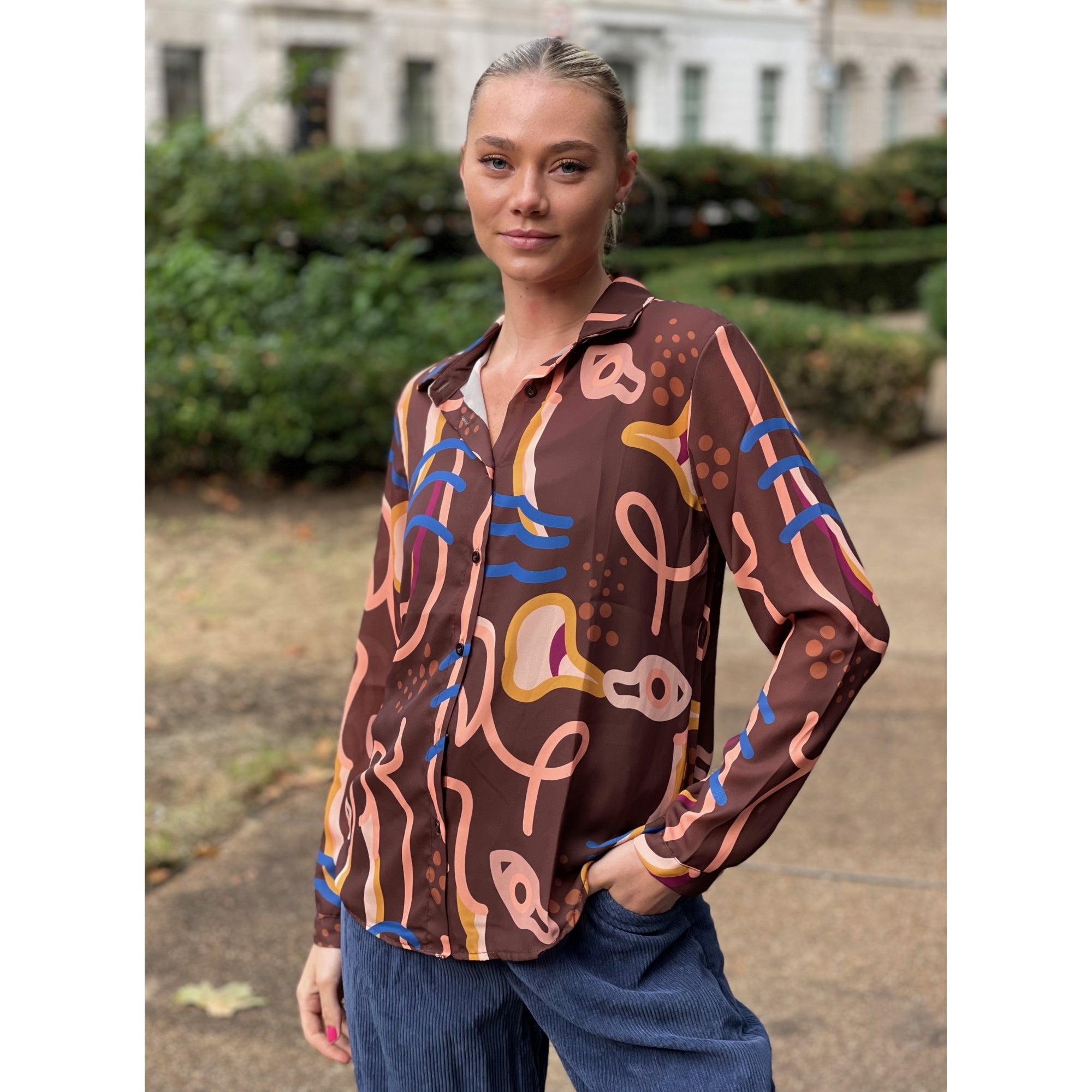 Riella brown printed button through long sleeve shirt