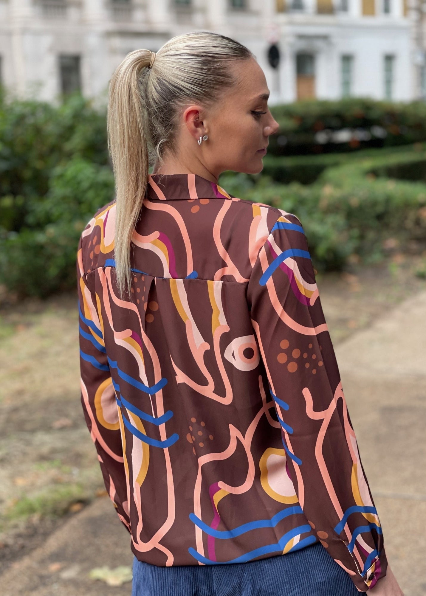 Riella brown printed button through long sleeve shirt