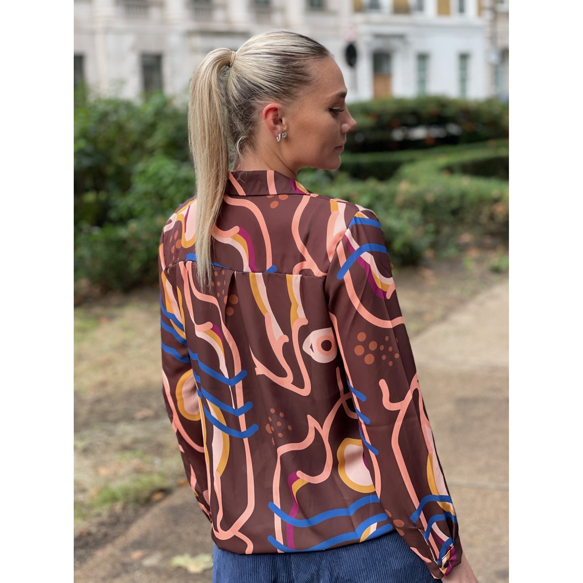 Riella brown printed button through long sleeve shirt