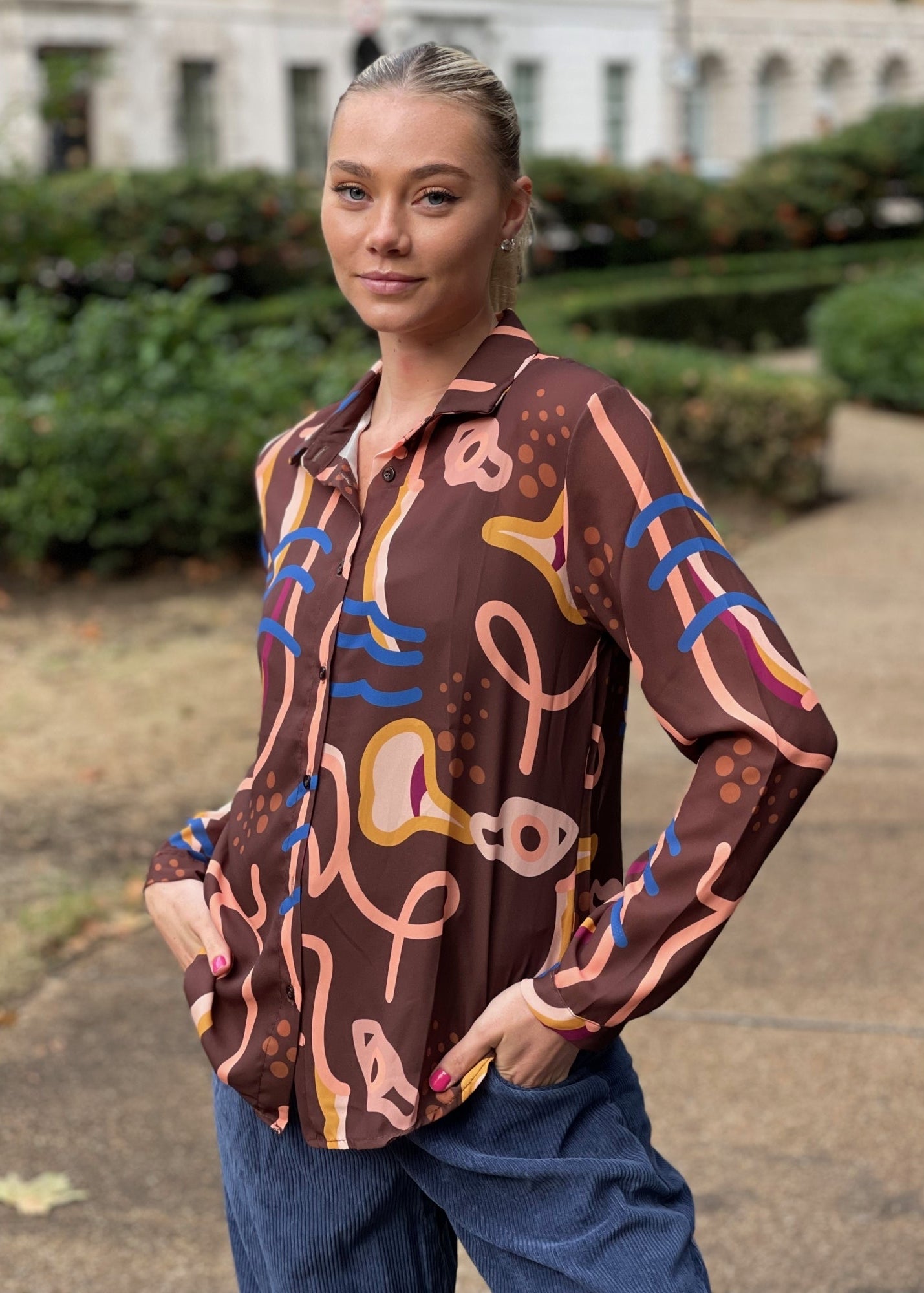 Riella brown printed button through long sleeve shirt