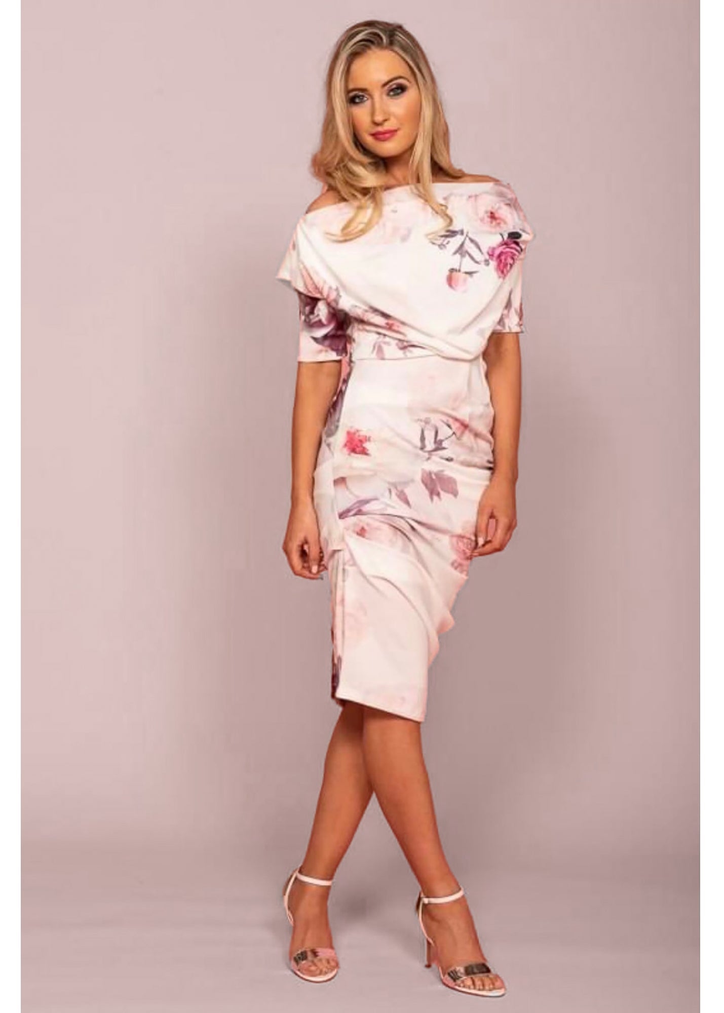 Verona ruched side art deco soft pink dress