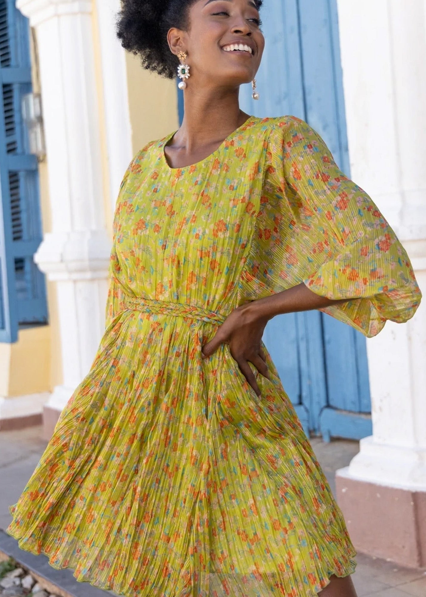 Ella lime chiffon ditsy floral print mini dress