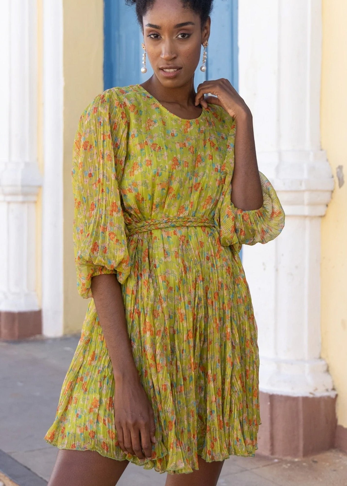 Ella lime chiffon ditsy floral print mini dress