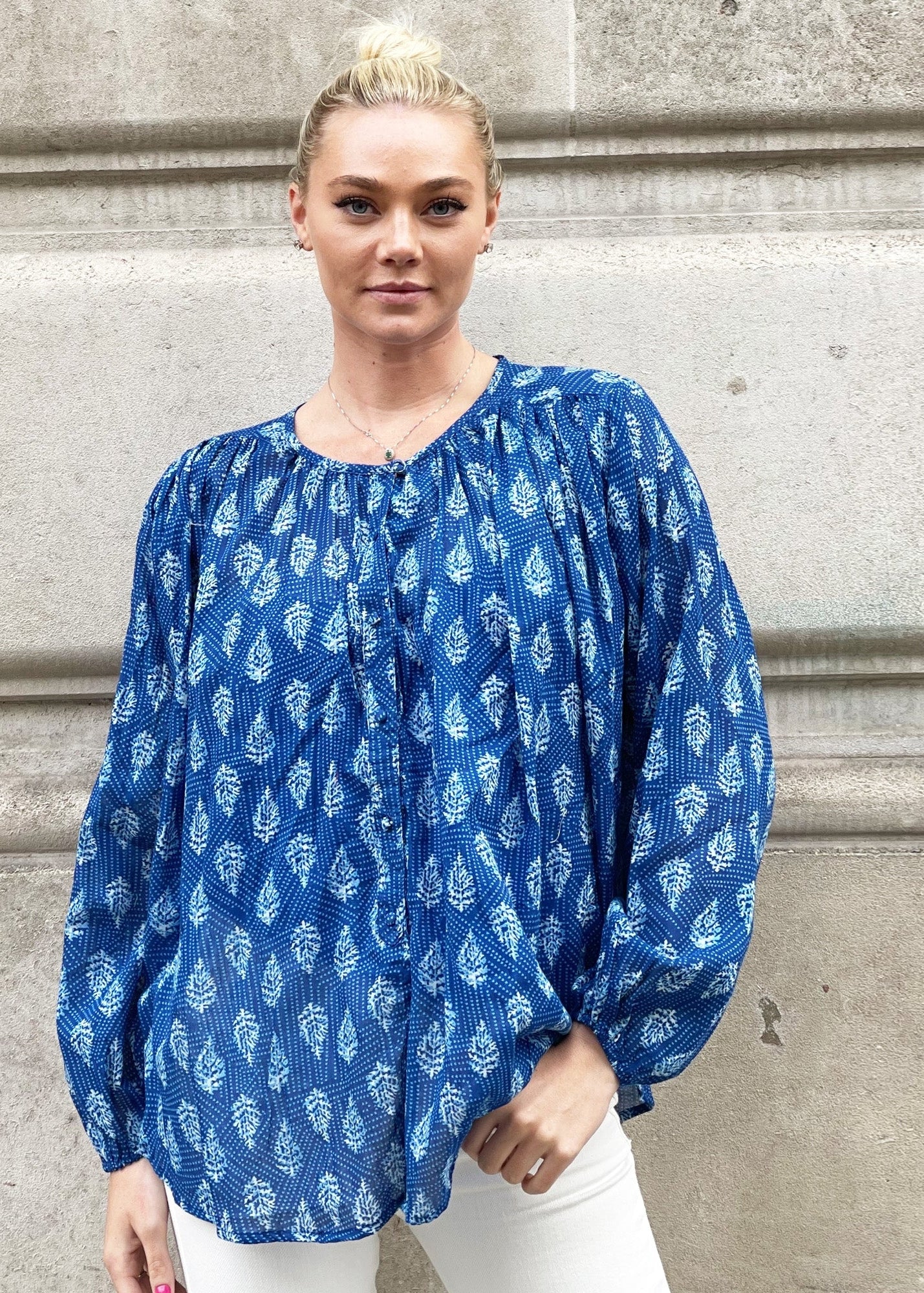 Monica denim colour pure cotton batik print top