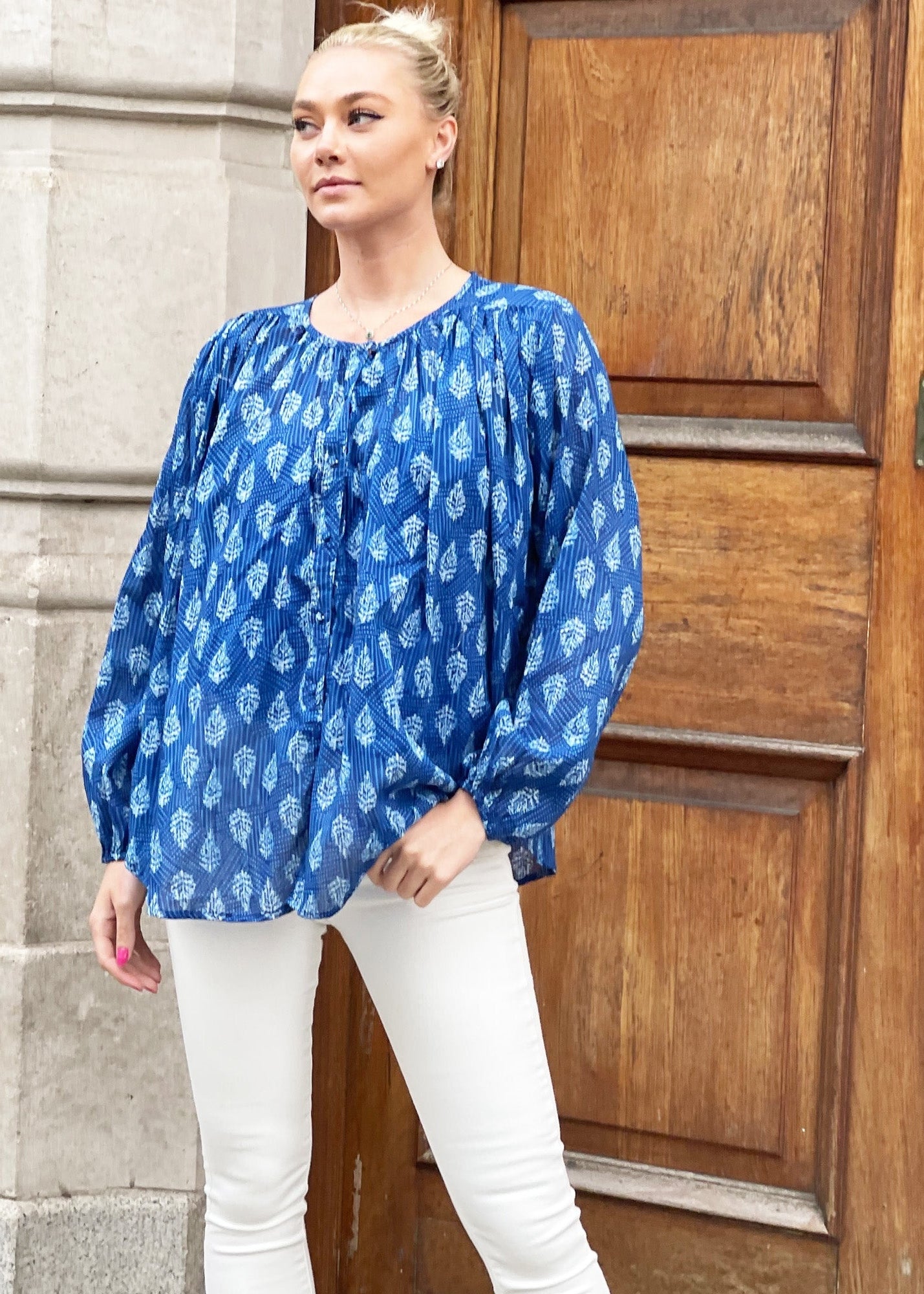 Monica denim colour pure cotton batik print top