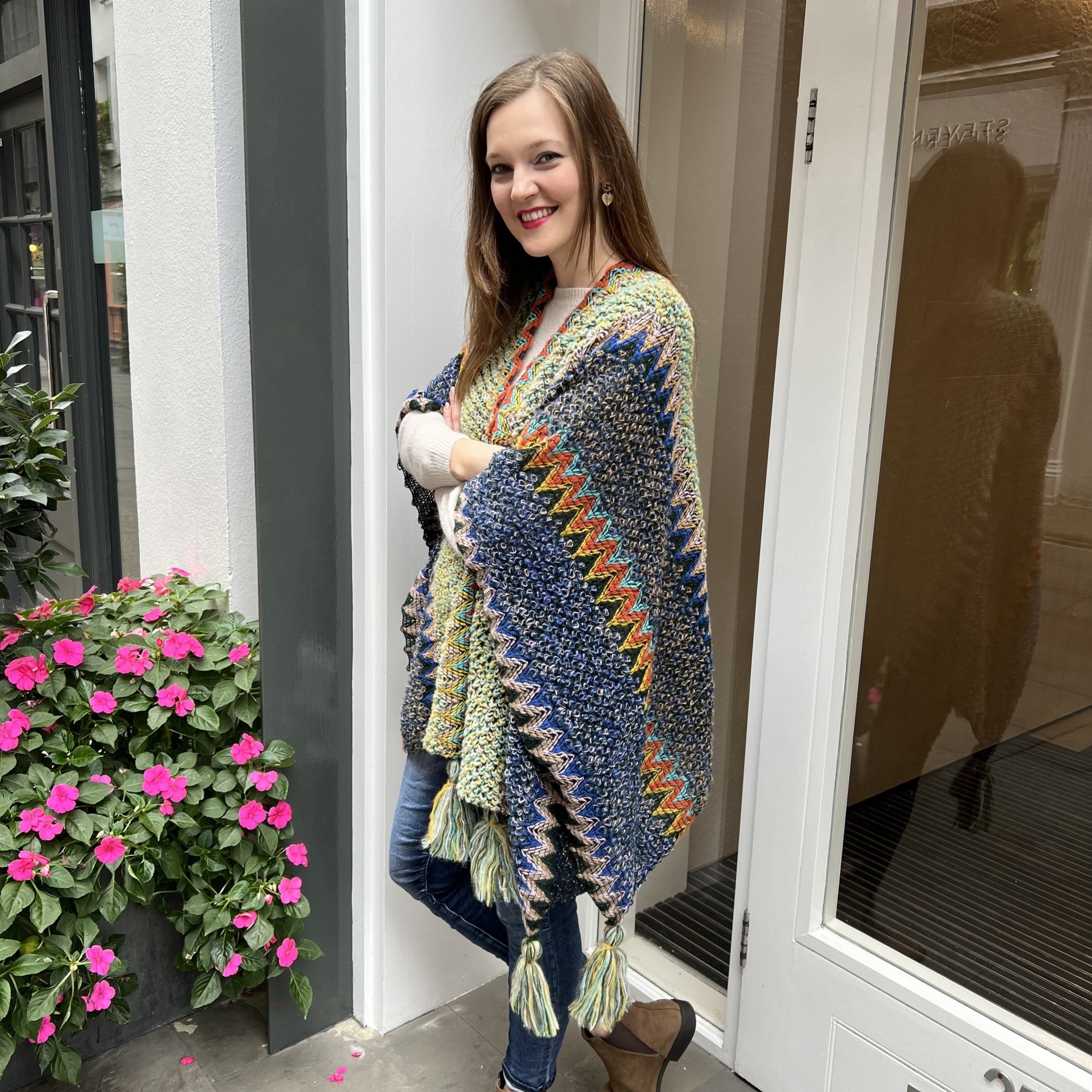 Myra blue multi knitted tassle trim wrap / shawl