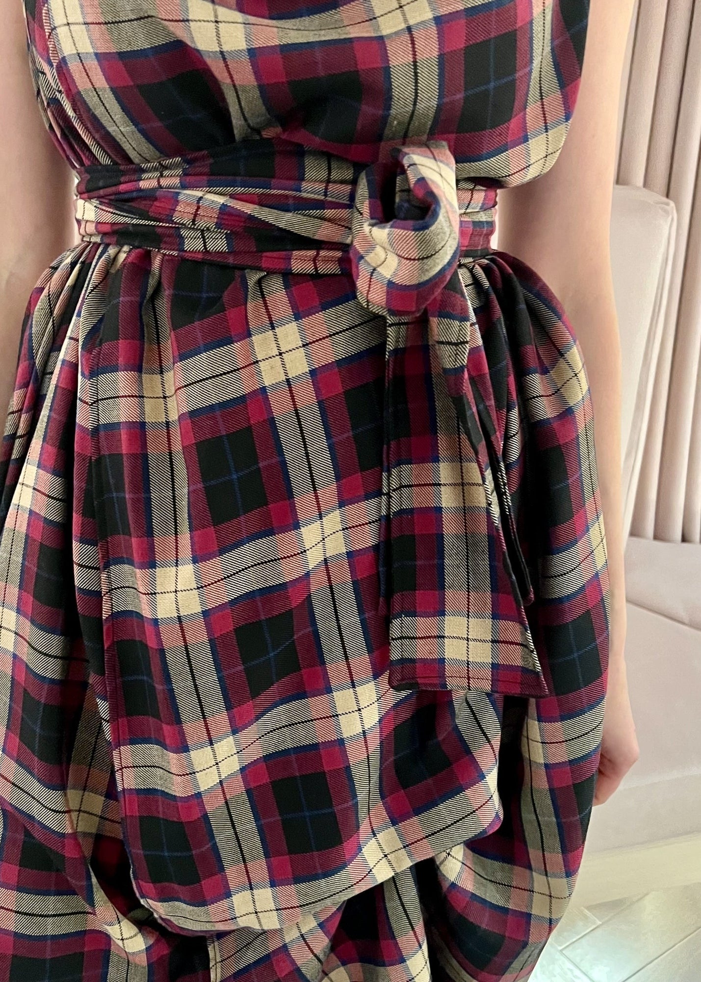 Bethany plum soft tartan draped wrap dress