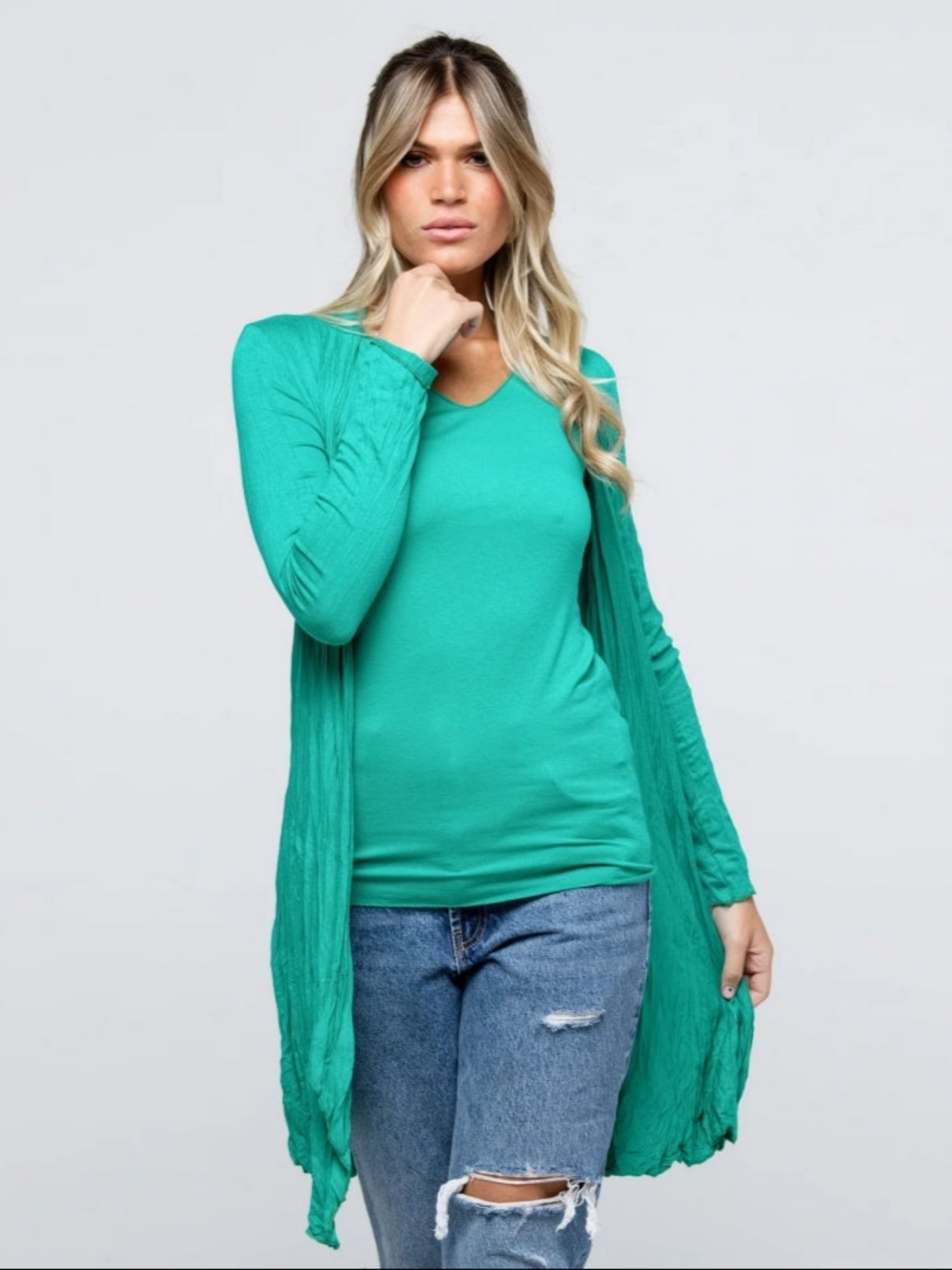 Longo green french jersey waterfall shrug