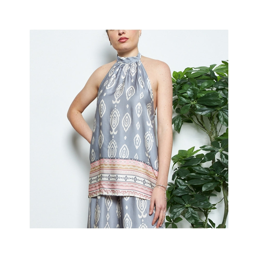 Penelope grey halter neck printed top
