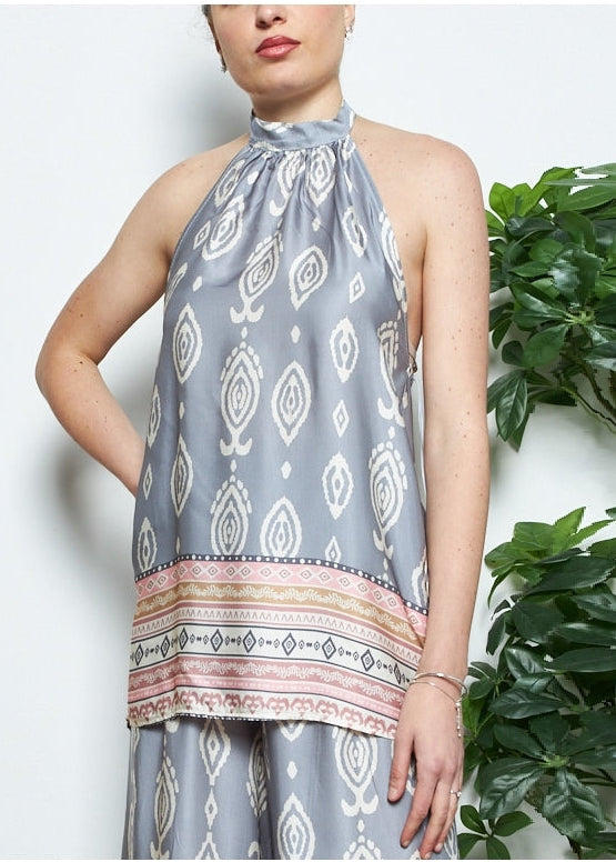 Penelope grey halter neck printed top