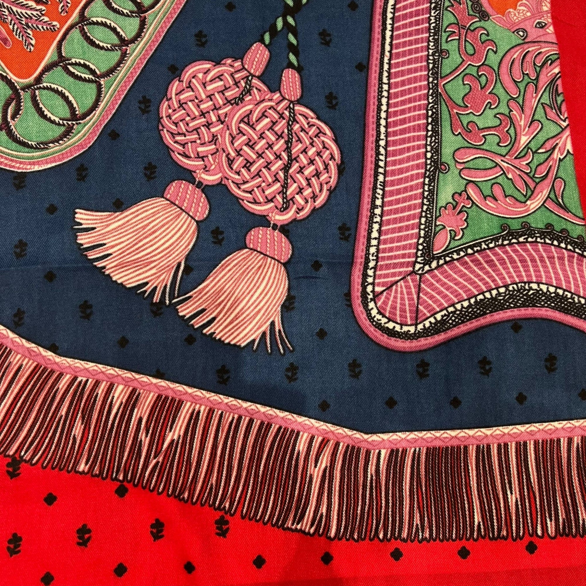 Large red printed wool blend square scarf