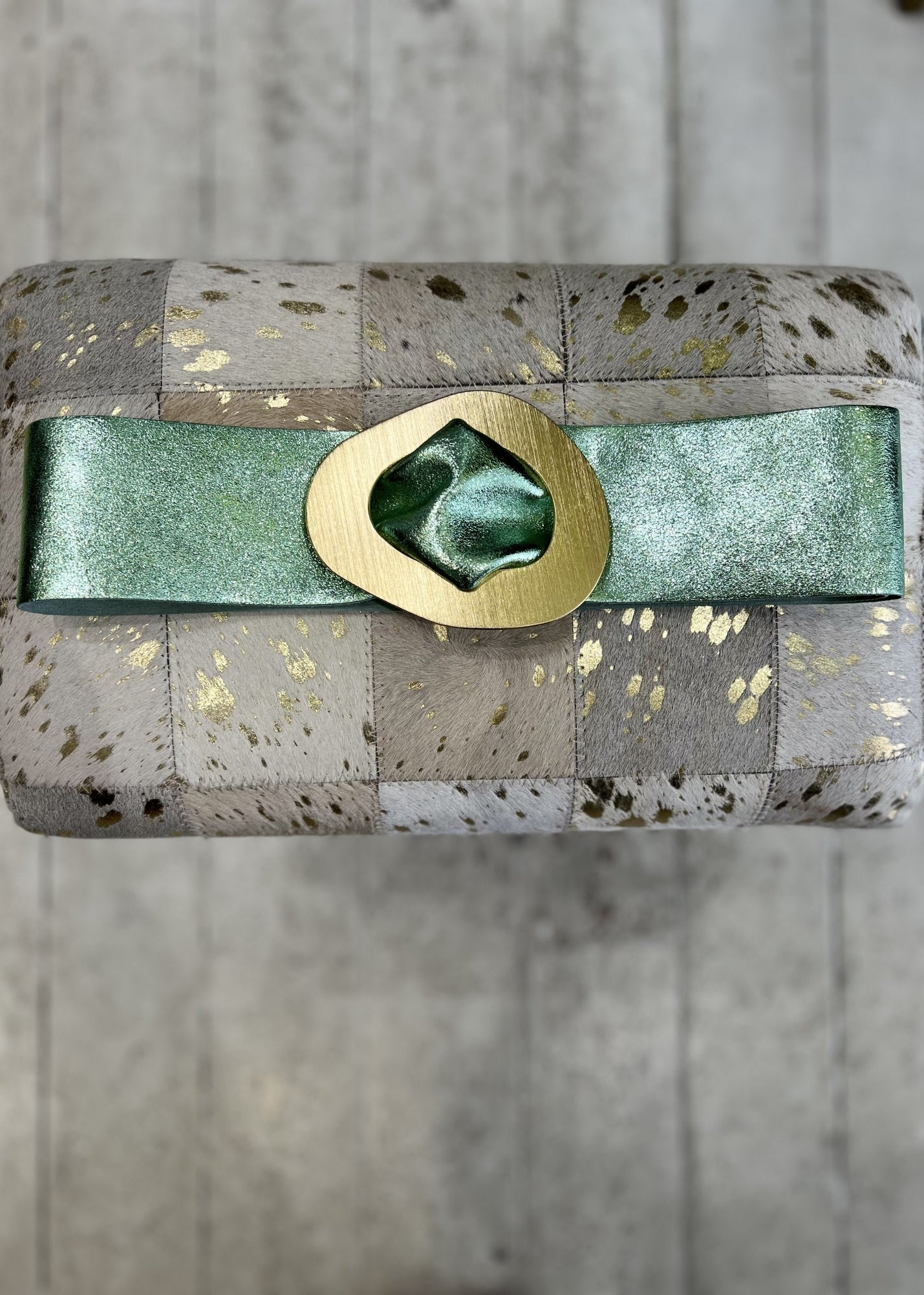 Metallic spearmint leather gold tone buckle belt