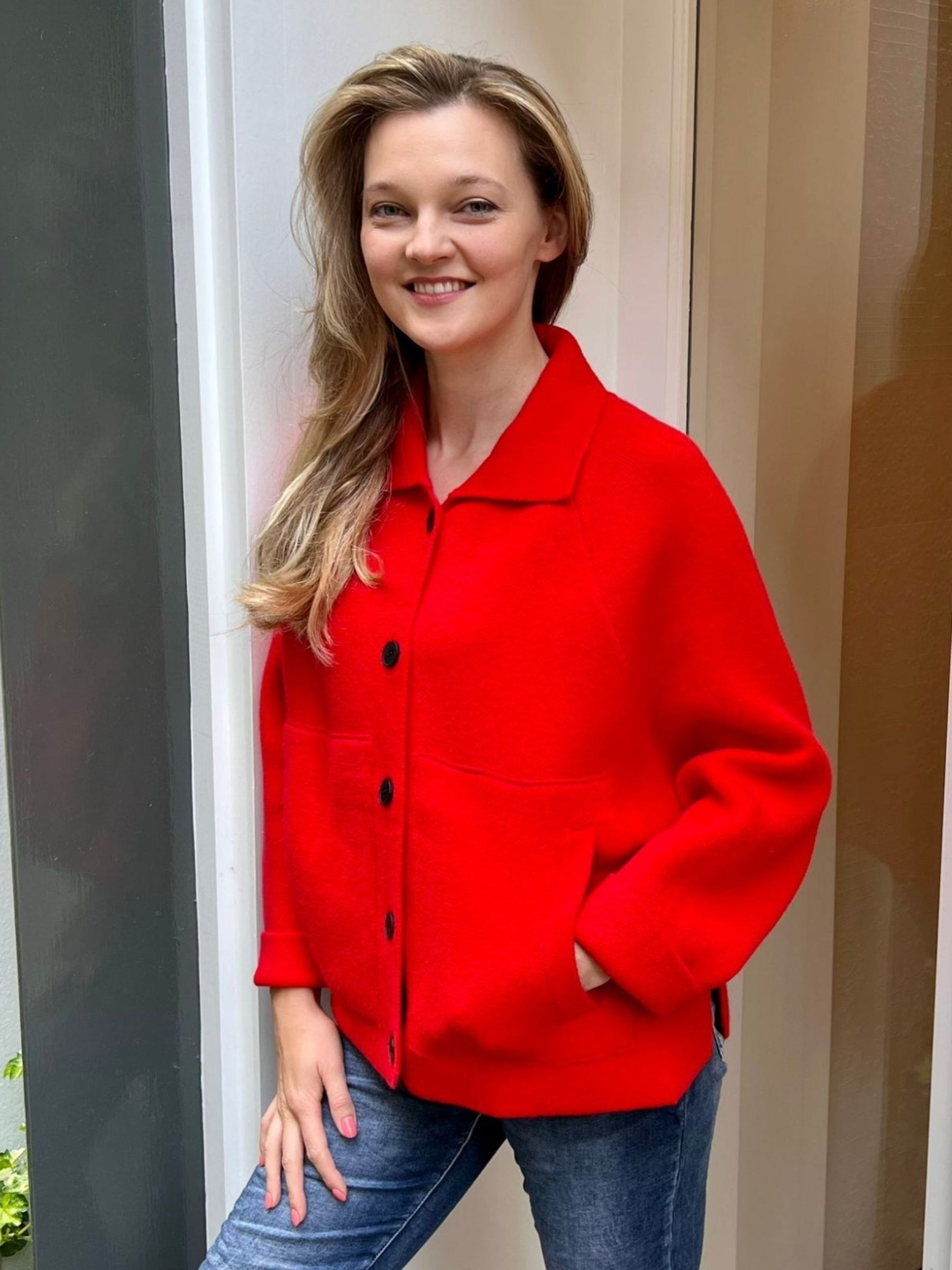 Penny red cashmere blend knit button jacket