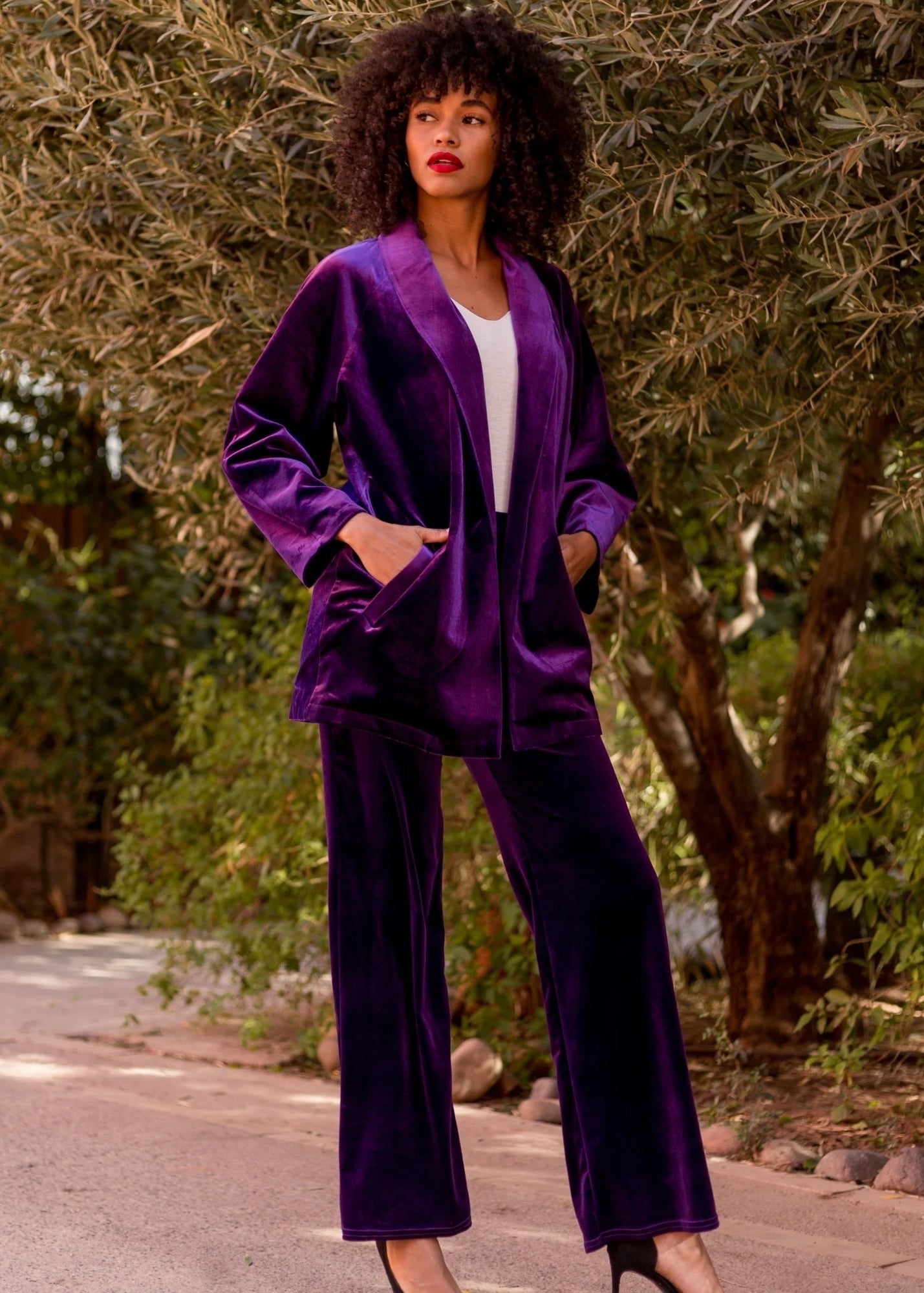 Guax purple soft velvet wide leg pallazo trouser