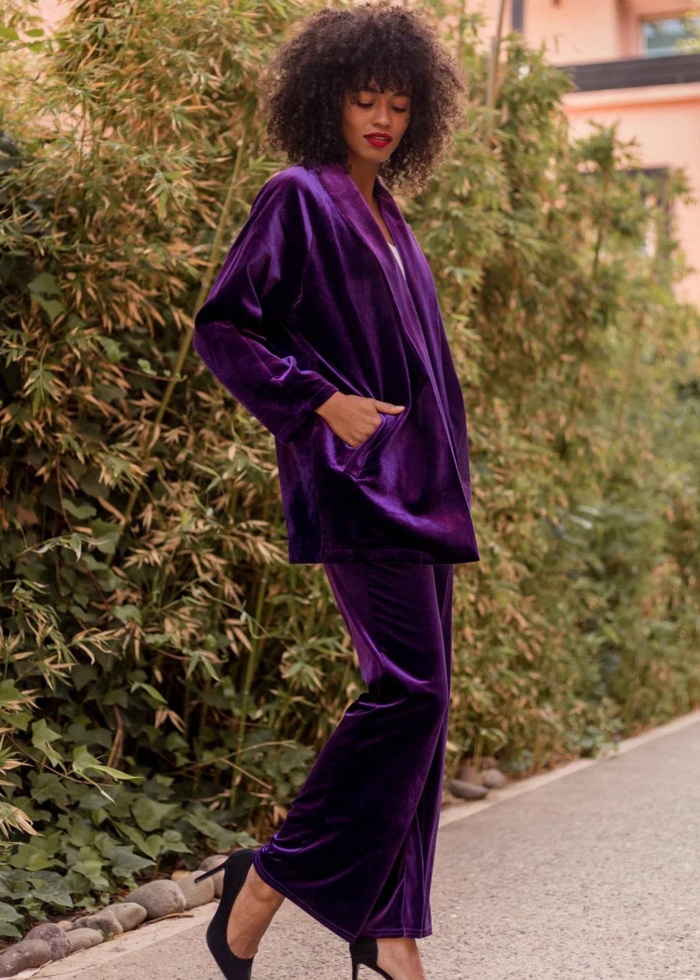 Guax purple soft velvet wide leg pallazo trouser