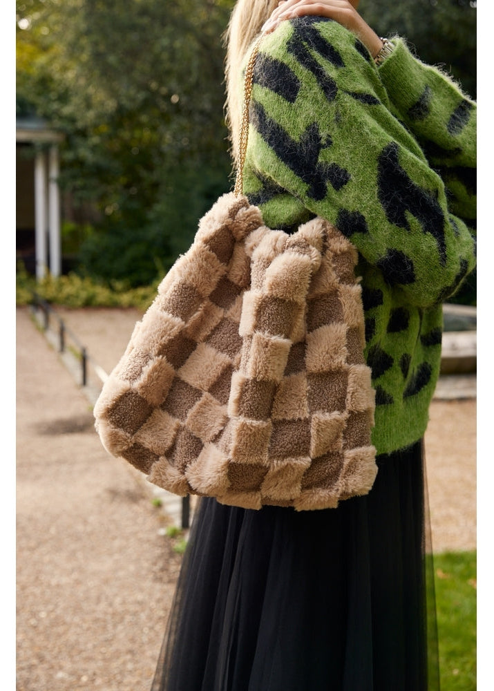 Fifi taupe check b faux furry bag