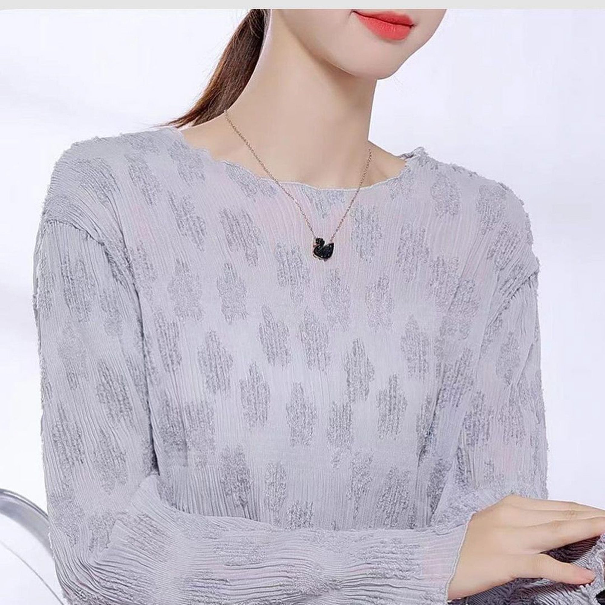 Alexa light denim feathered mesh top
