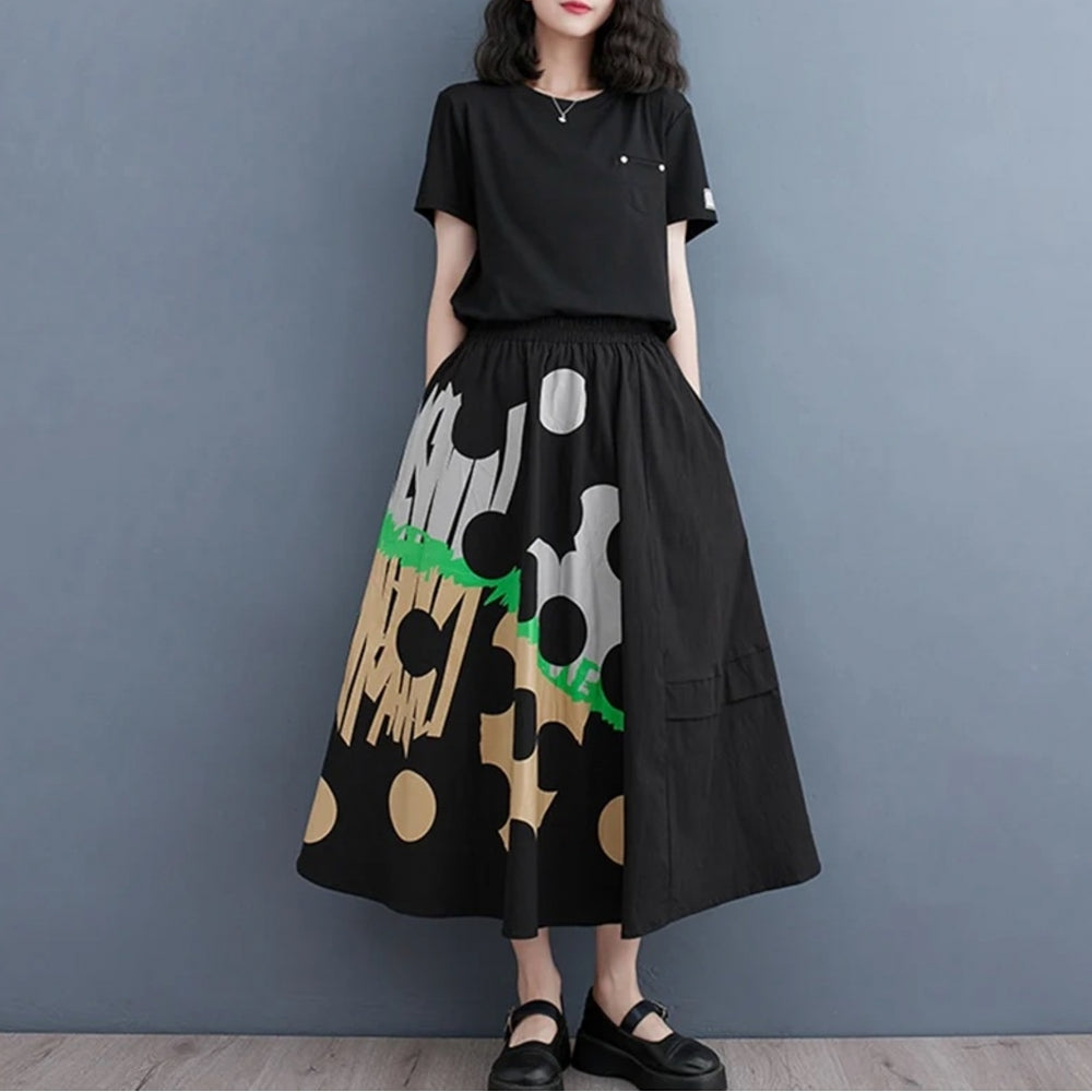 Olivier black cotton midi length circle flower skirt