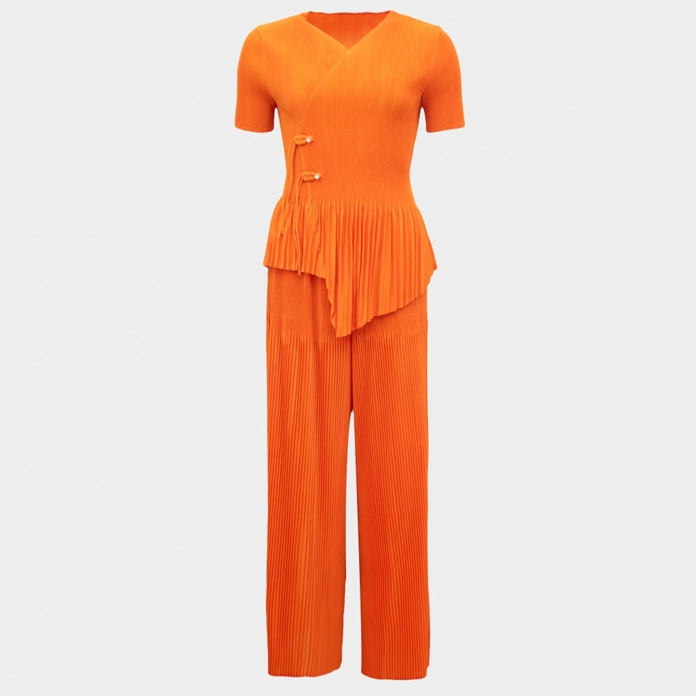 Anais orange cross front frill hem pleat top