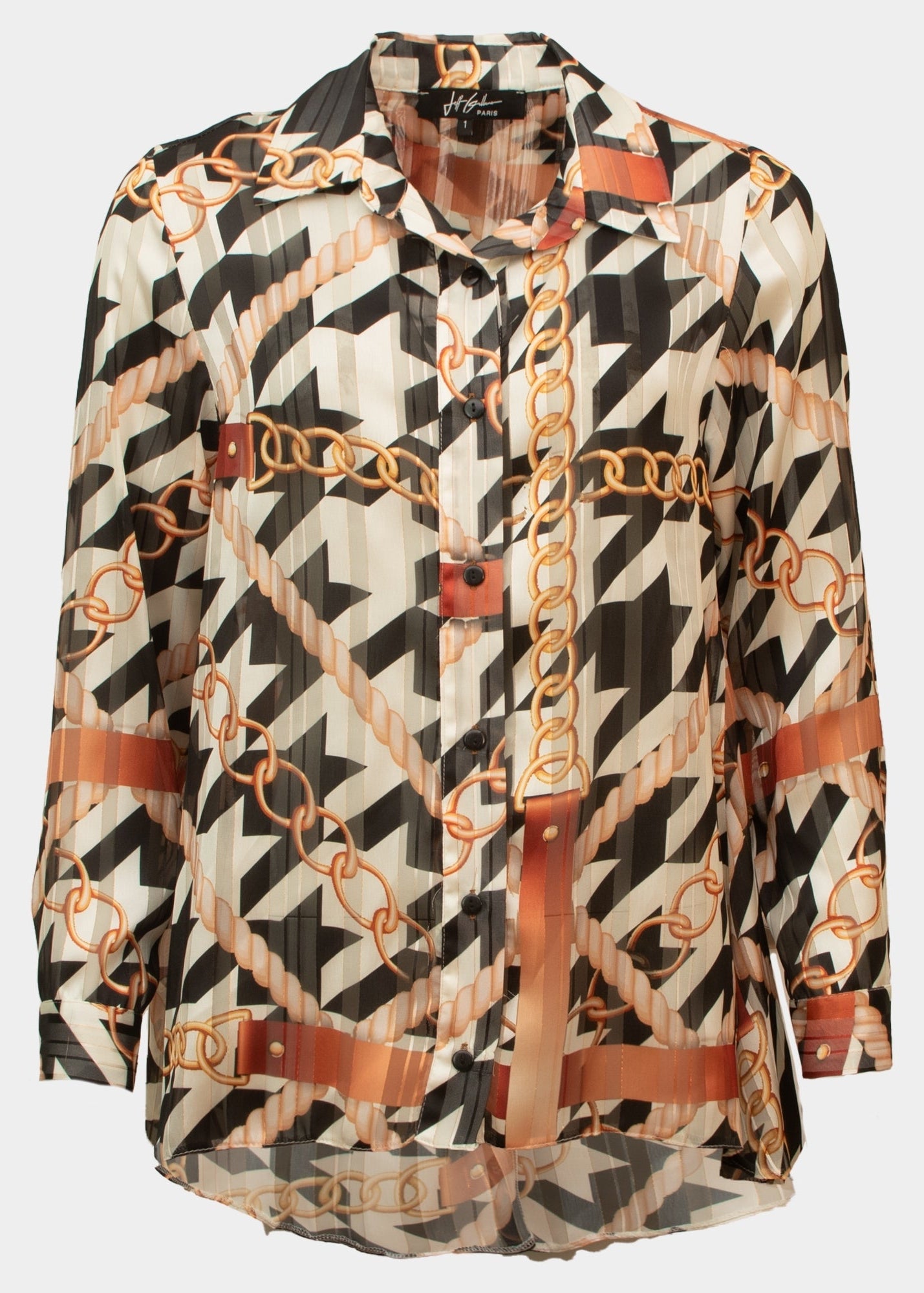 Cigare black tan chain print chiffon blouse
