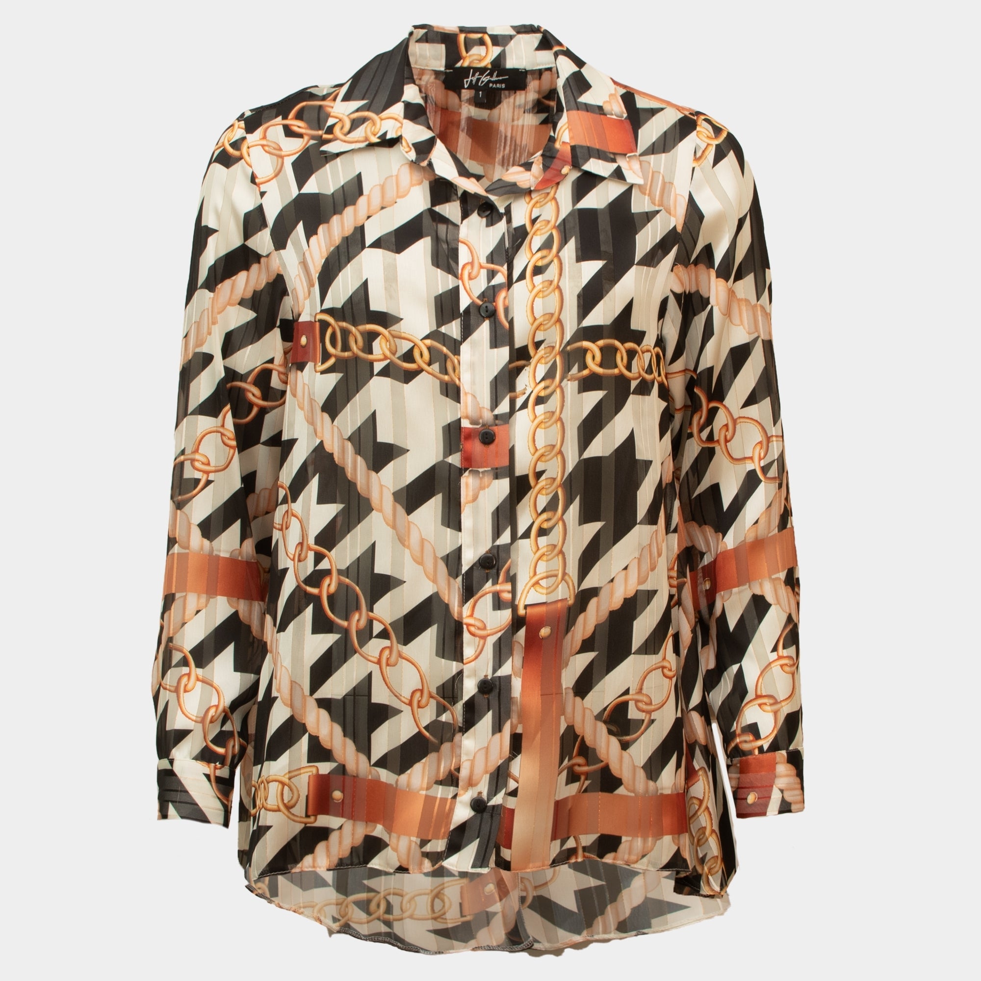 Cigare black tan chain print chiffon blouse