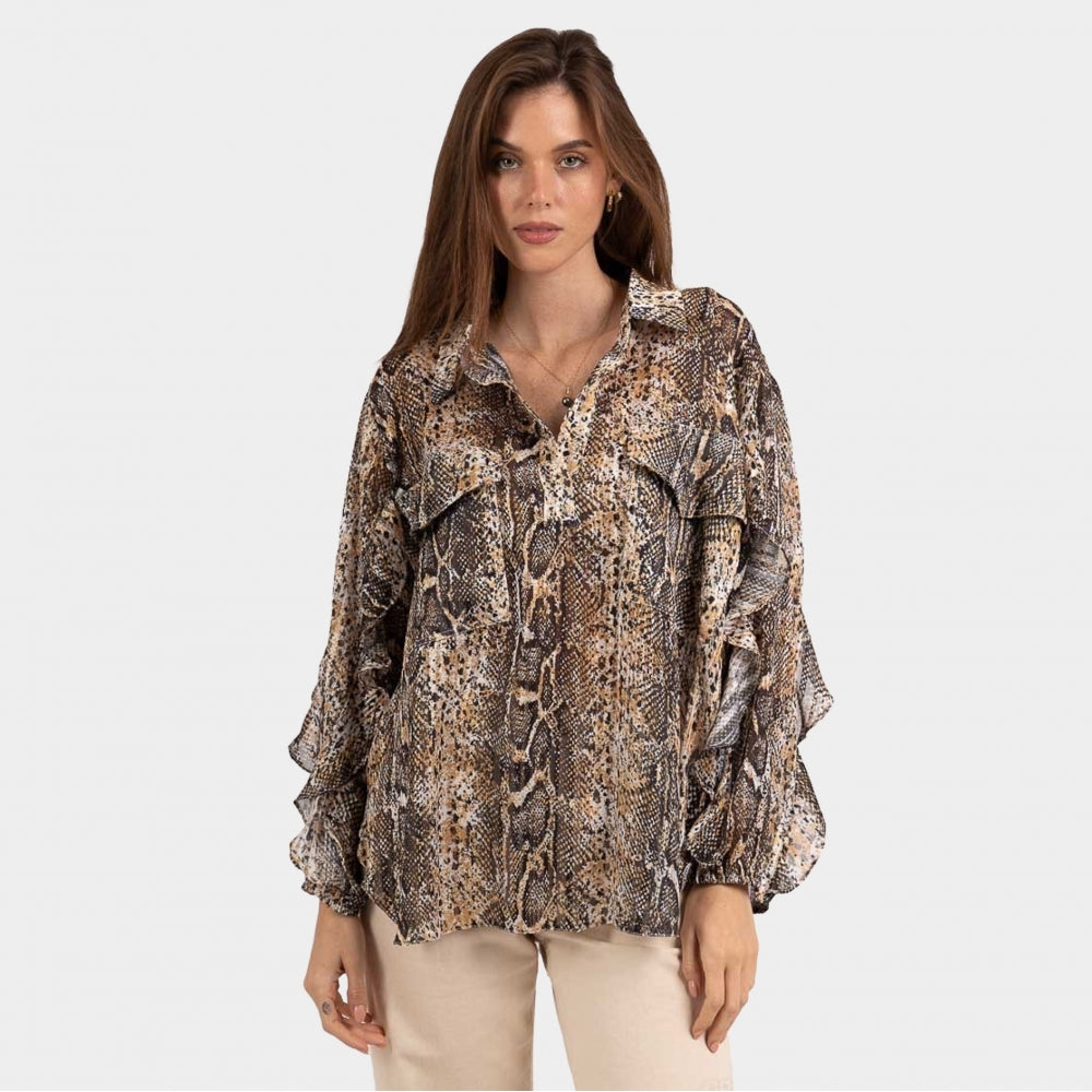 Dempsey black tan snake frill sleeve pocket blouse