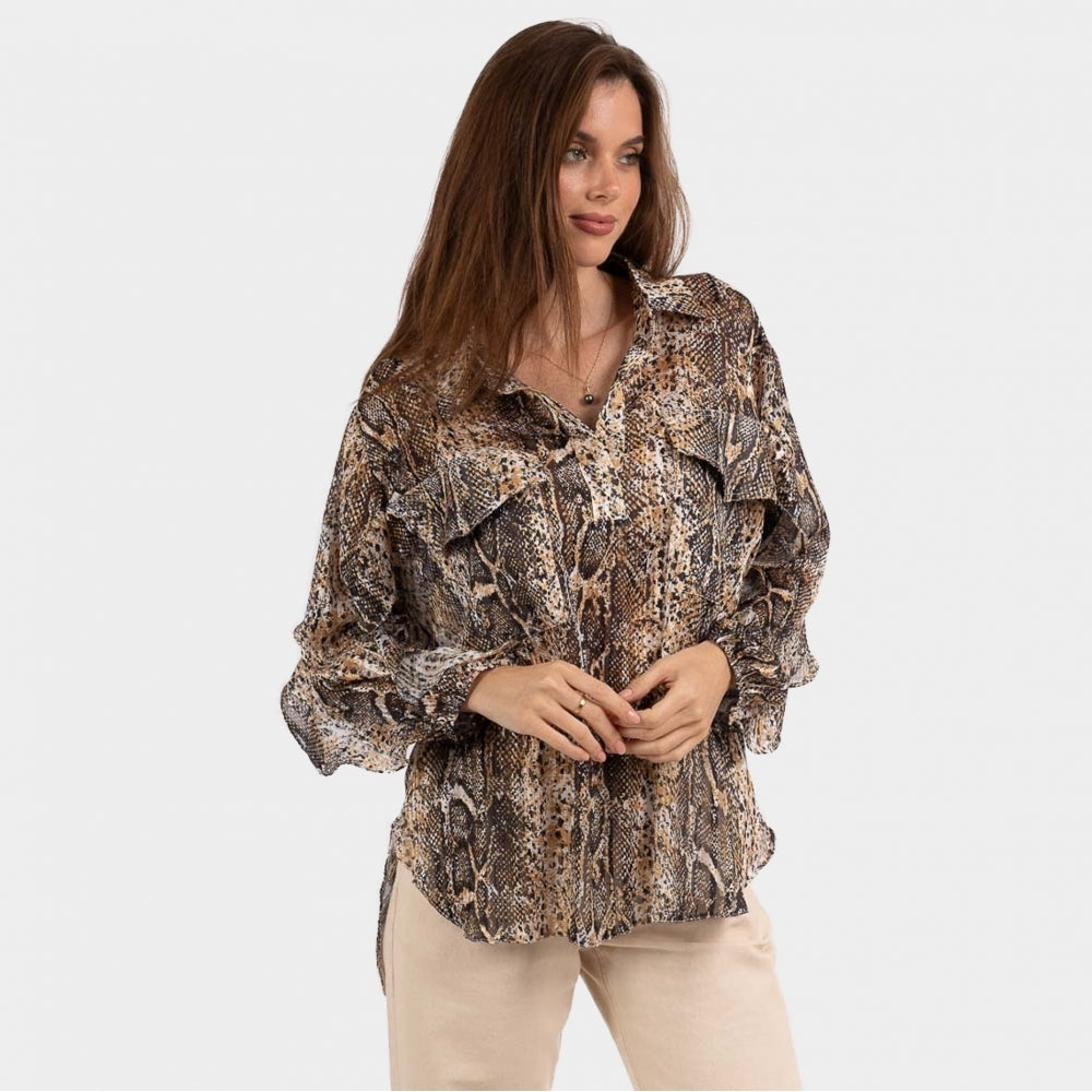 Dempsey black tan snake frill sleeve pocket blouse