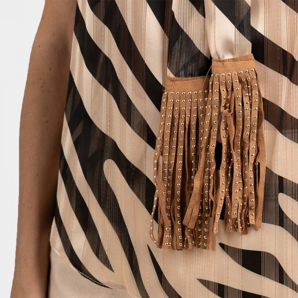 Lola tan tiger print tie front sleeveless blouse